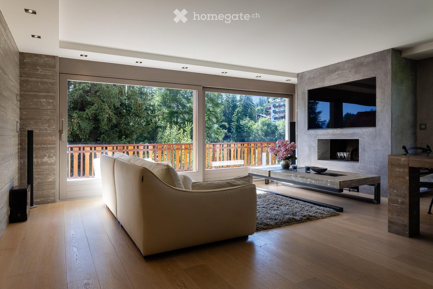 modern decor, large sofa, sliding glass doors, wooden floor, fireplace, balcony, TV, center table