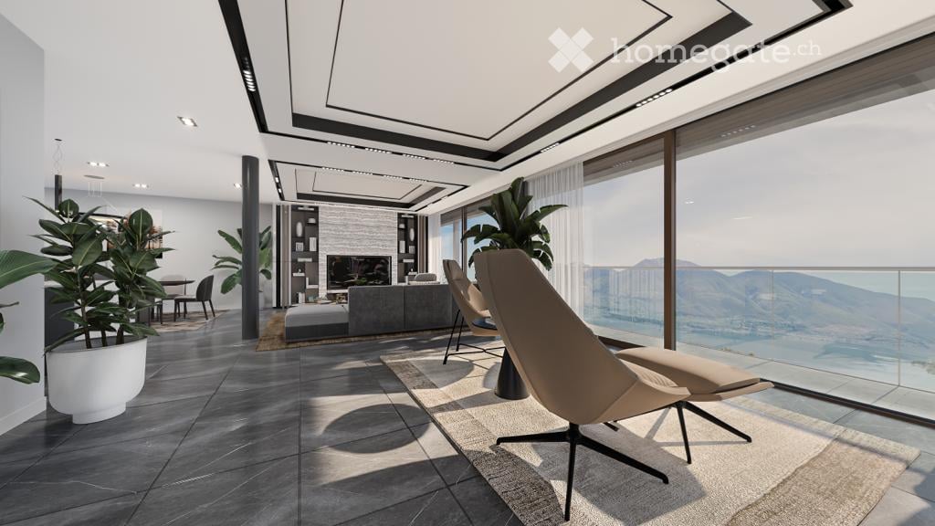 modern style living room with high ceiling, large windows, balcony, grey sofa, fireplace, gray tiles flooring, modern armchairs, coffee table, modern rug, potted plants