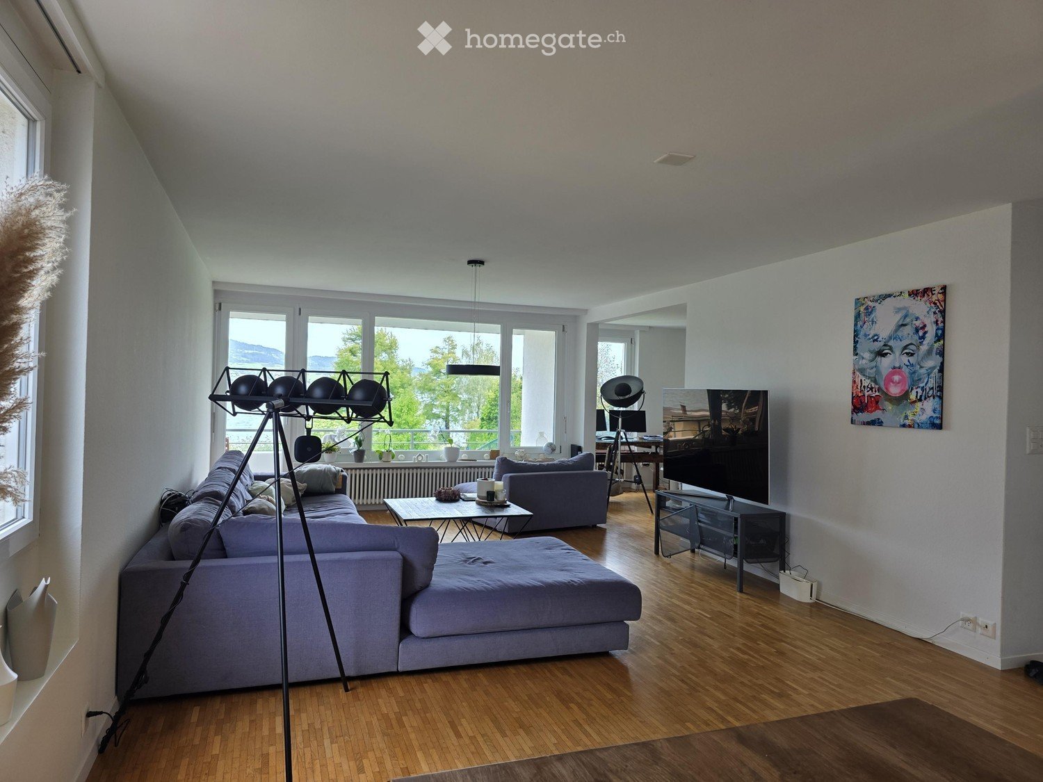 Living room: sofa, center table, TV, painting, wooden floor
