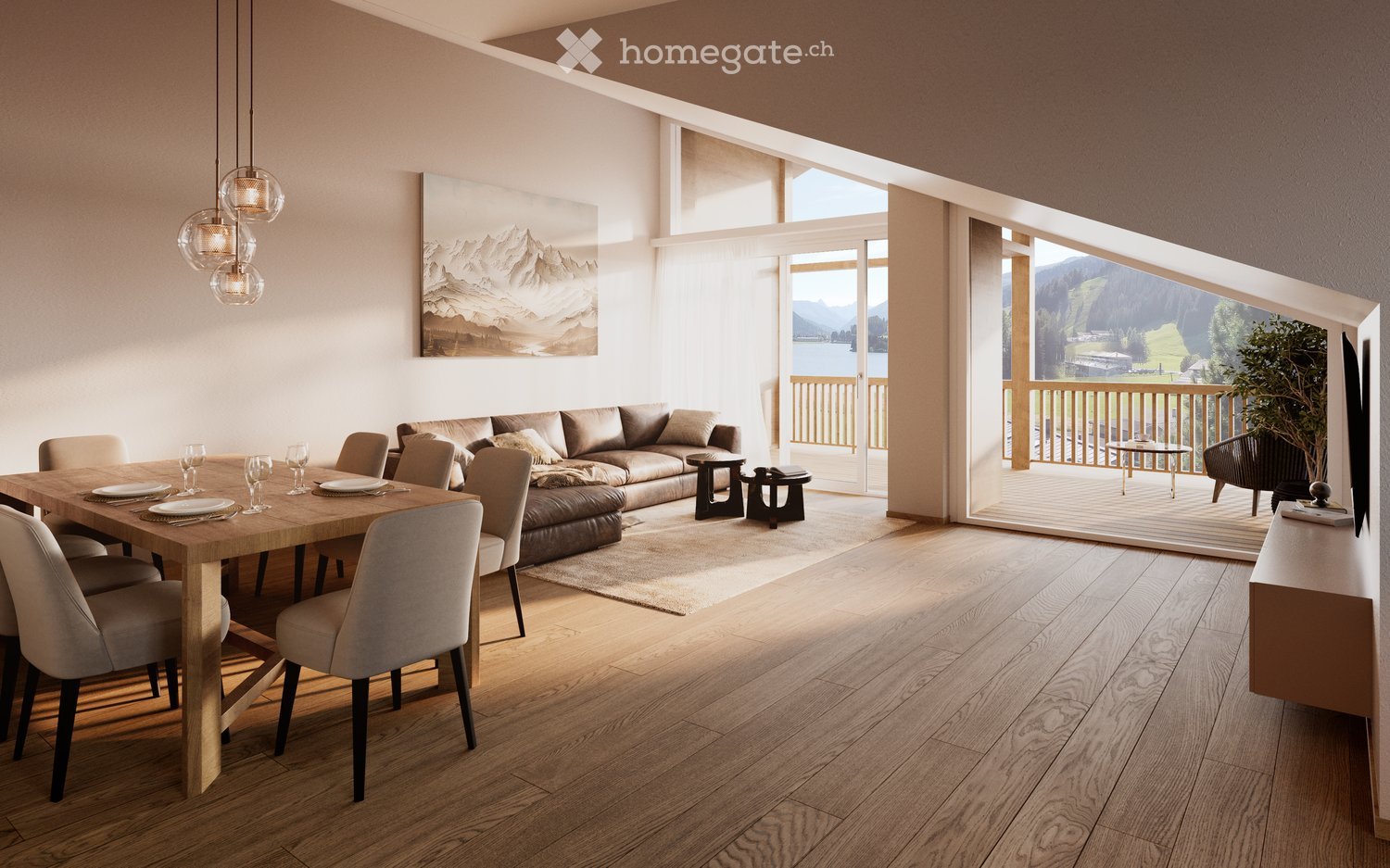 Open plan living area, dining table, couch, wooden floor, double glass doors leading to balcony