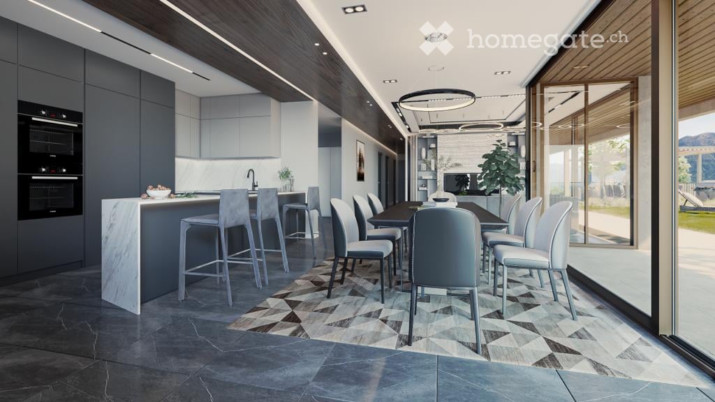 kitchen area with bar stools and island, dining table with chairs, modern design