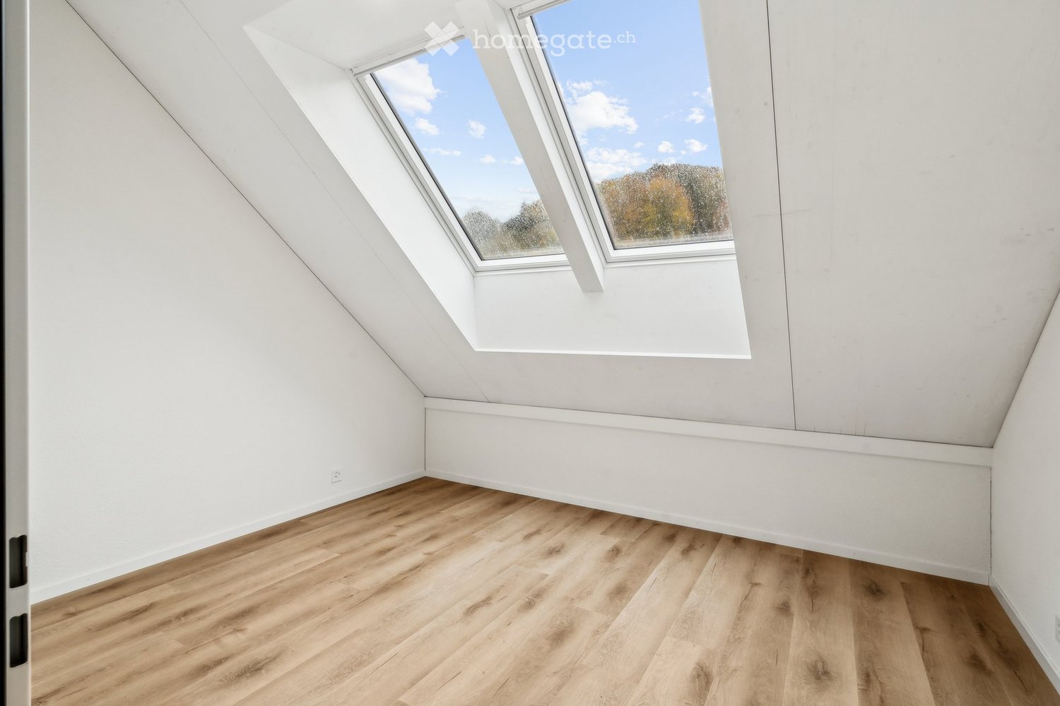 Empty attic room with wooden floors, white walls, and two large skylights with views