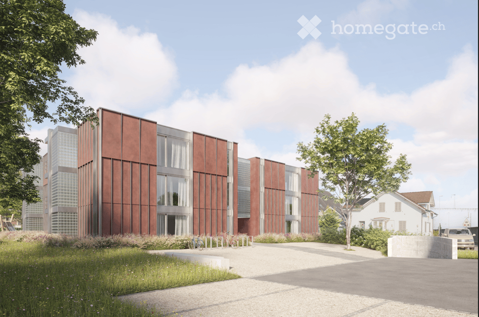 modern architectural style, red exterior, multiple windows, driveway, bicycles leaning on a rack, residential area