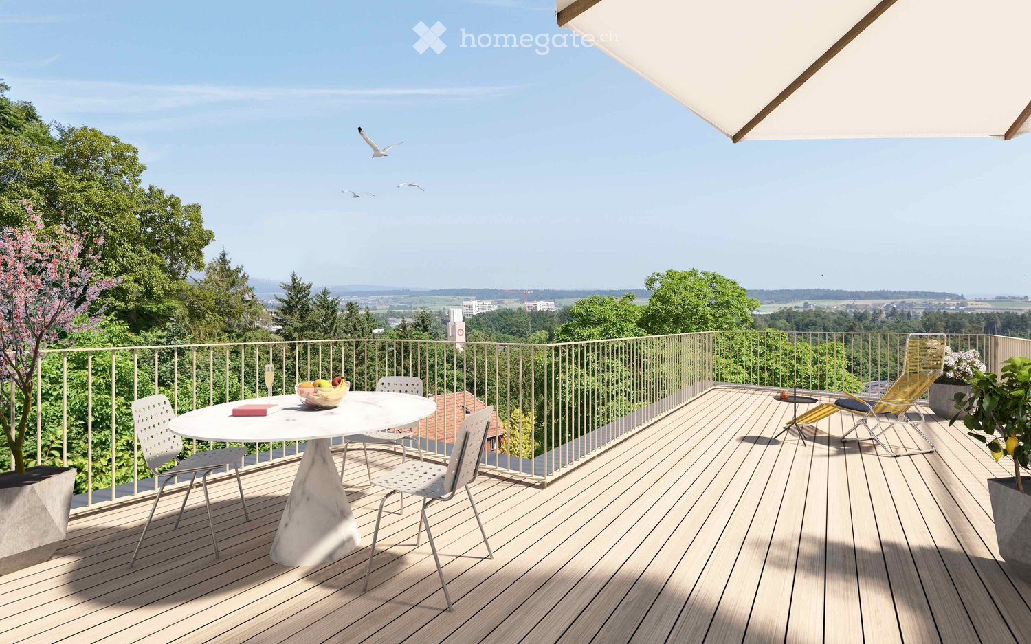 Outdoor seating with a view of the city, wooden deck, table and chairs, potted plants, metal railing
