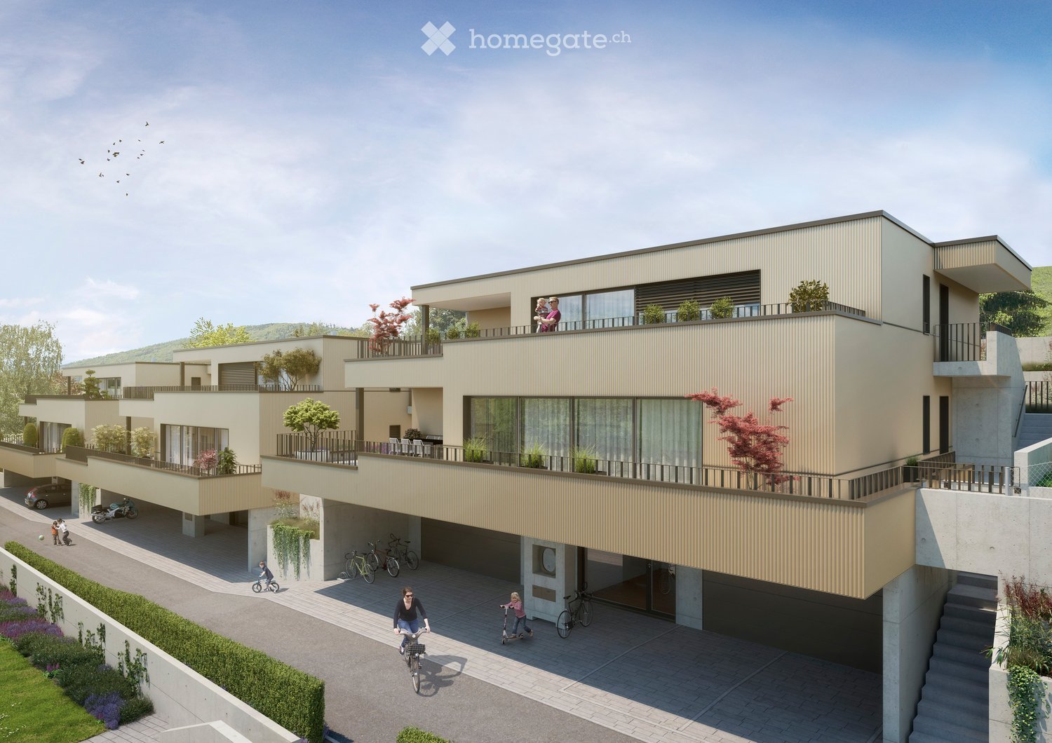 Apartment complex with modern design, balconies, underground parking, and greenery