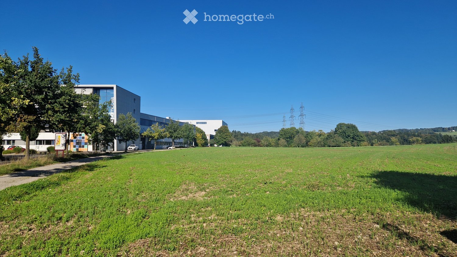 large open grass field with a tree line in the middle, several buildings with car parking spaces in the background, a red car parked in front of the building on the left side