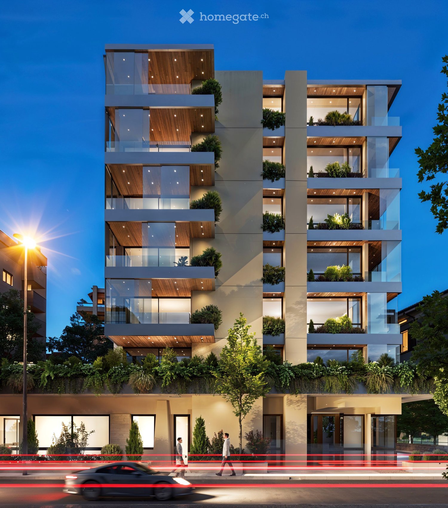 modern multistory building, green plants, large glass windows, balconies