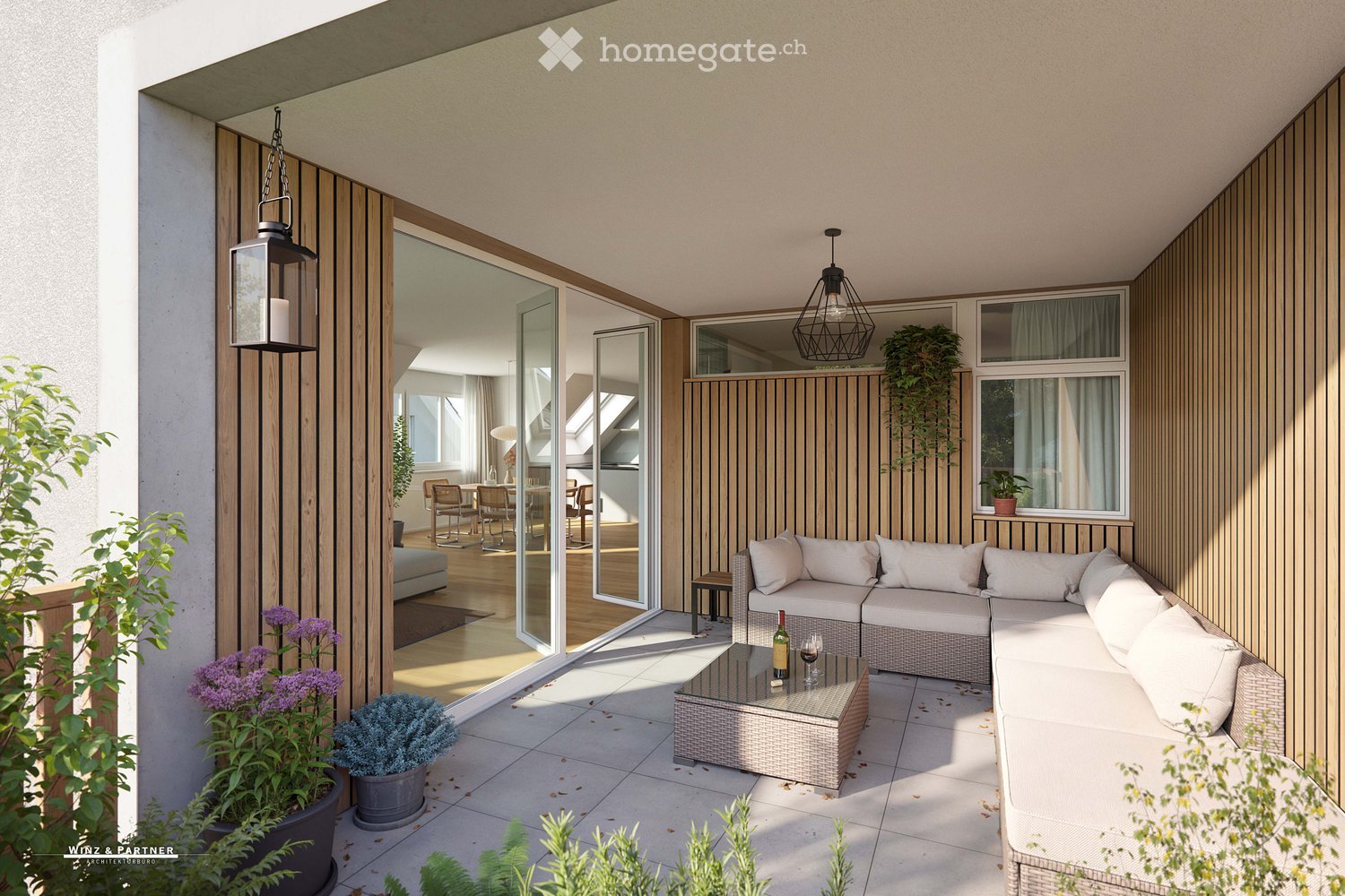 Outdoor living space, surrounded by wood paneling, sliding glass doors, couch, table, wine glasses, wine bottle, potted plants