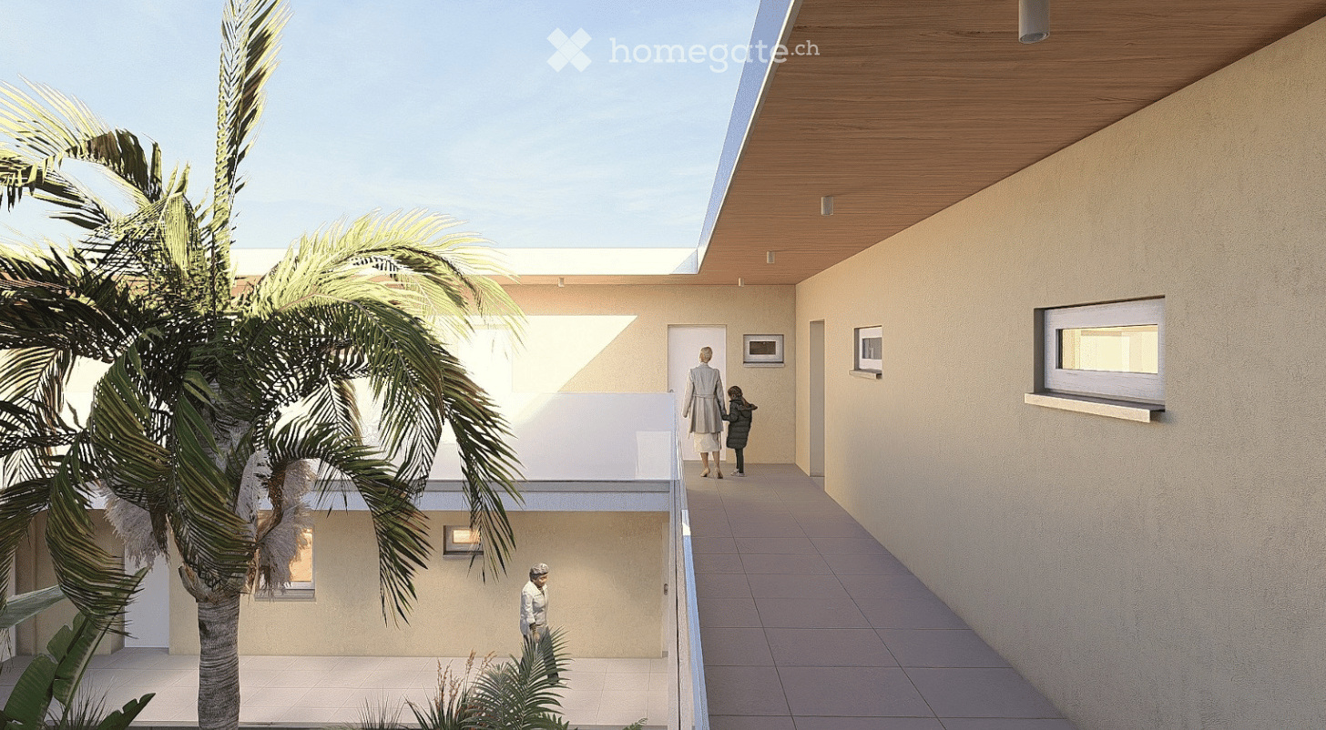 Modern building with a balcony, tiled floor, two stories, windows and a central palm tree