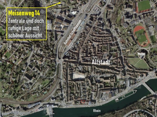 Ruhiges und sonniges Zuhause mit Aussicht über Schaffhausen, nur 5 Minuten zu Fuss vom Bahnhof 4