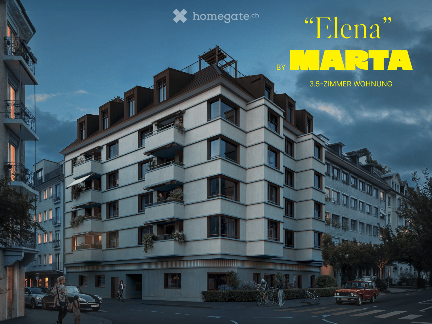 modern multi-story residential building with white facade, brown roof, multiple balconies, cars parked in front