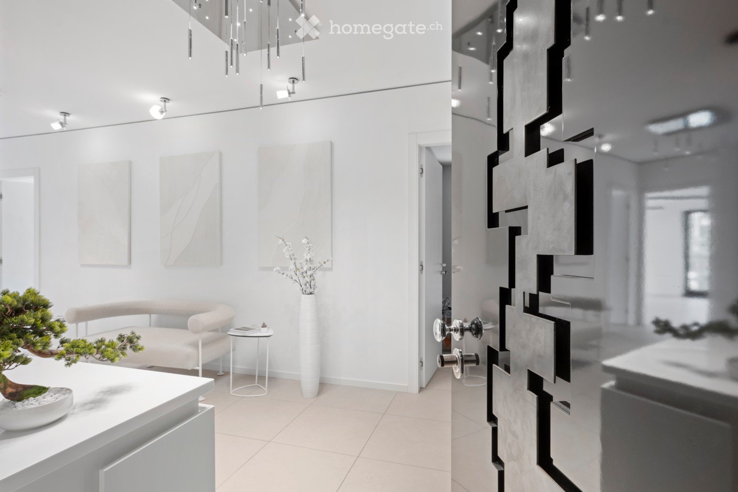 minimalist white interior, white flooring, white chair, large white vase, plants, lights