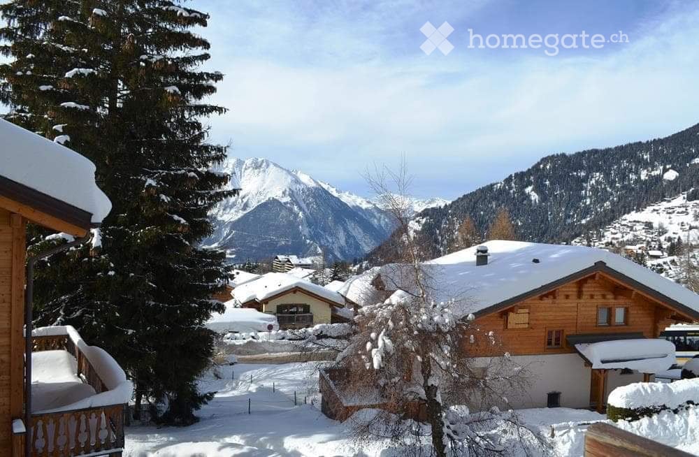 snowy mountains, wooden chalets, balcony, snowy ground