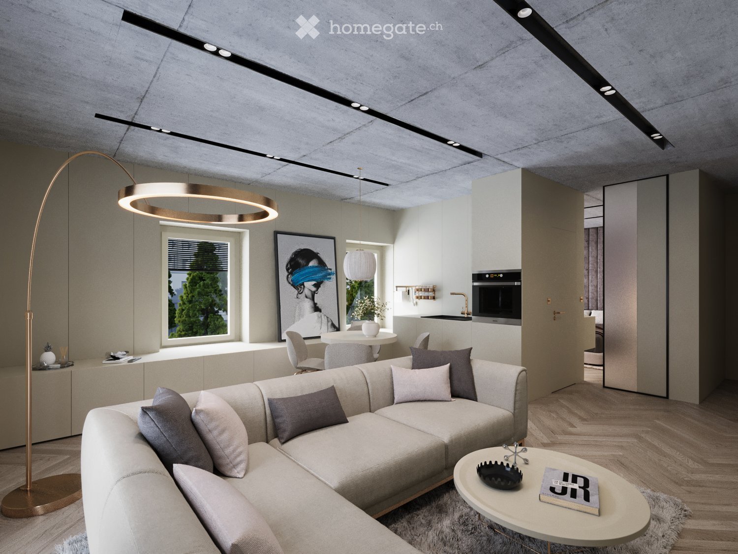 Modern living room, large beige sofa, round coffee table, decorative bowl, floor lamp, window, artwork, cabinet, dining table, chair, kitchen area, sink, faucet, oven, microwave