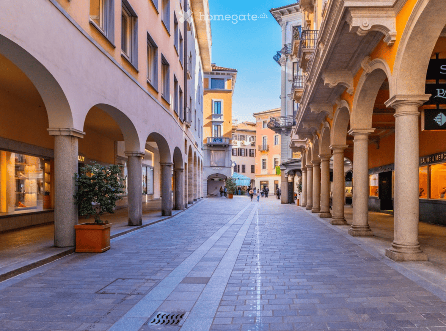 cobblestone street with shops on both sides, arch design buildings, potted plants, people walking, blue sky