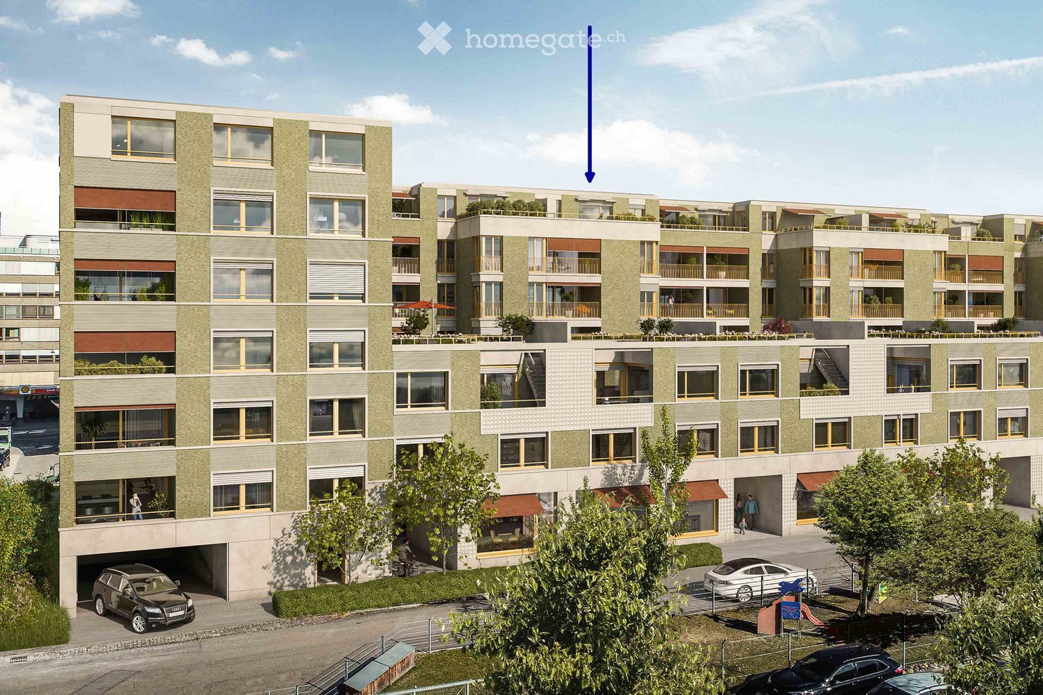 Green-clad building with several floors, balconies, ground-level parking, landscaped area in front