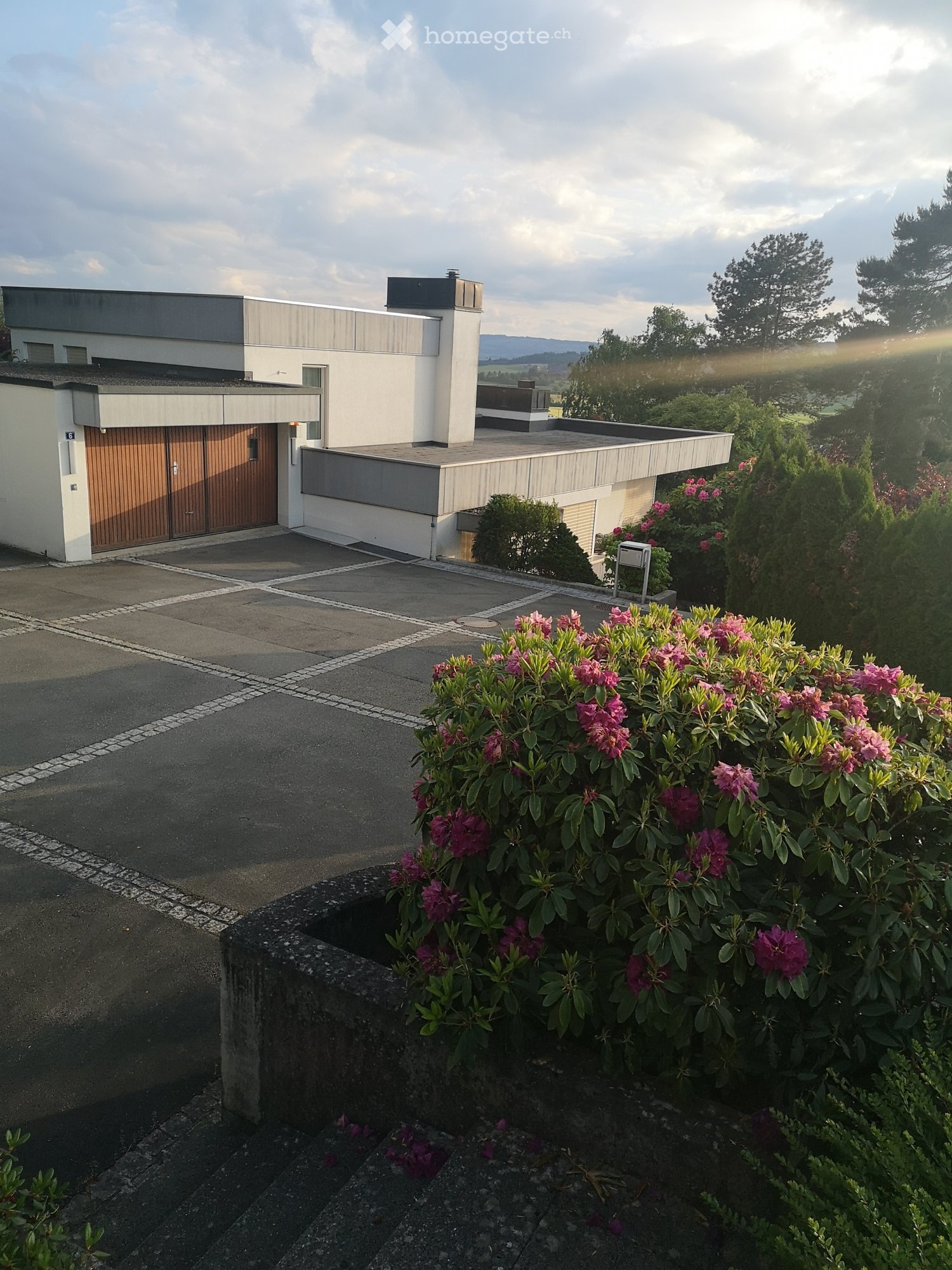 Modern white building with a large parking lot, double doors entry garage, multiple windows, lush greenery.