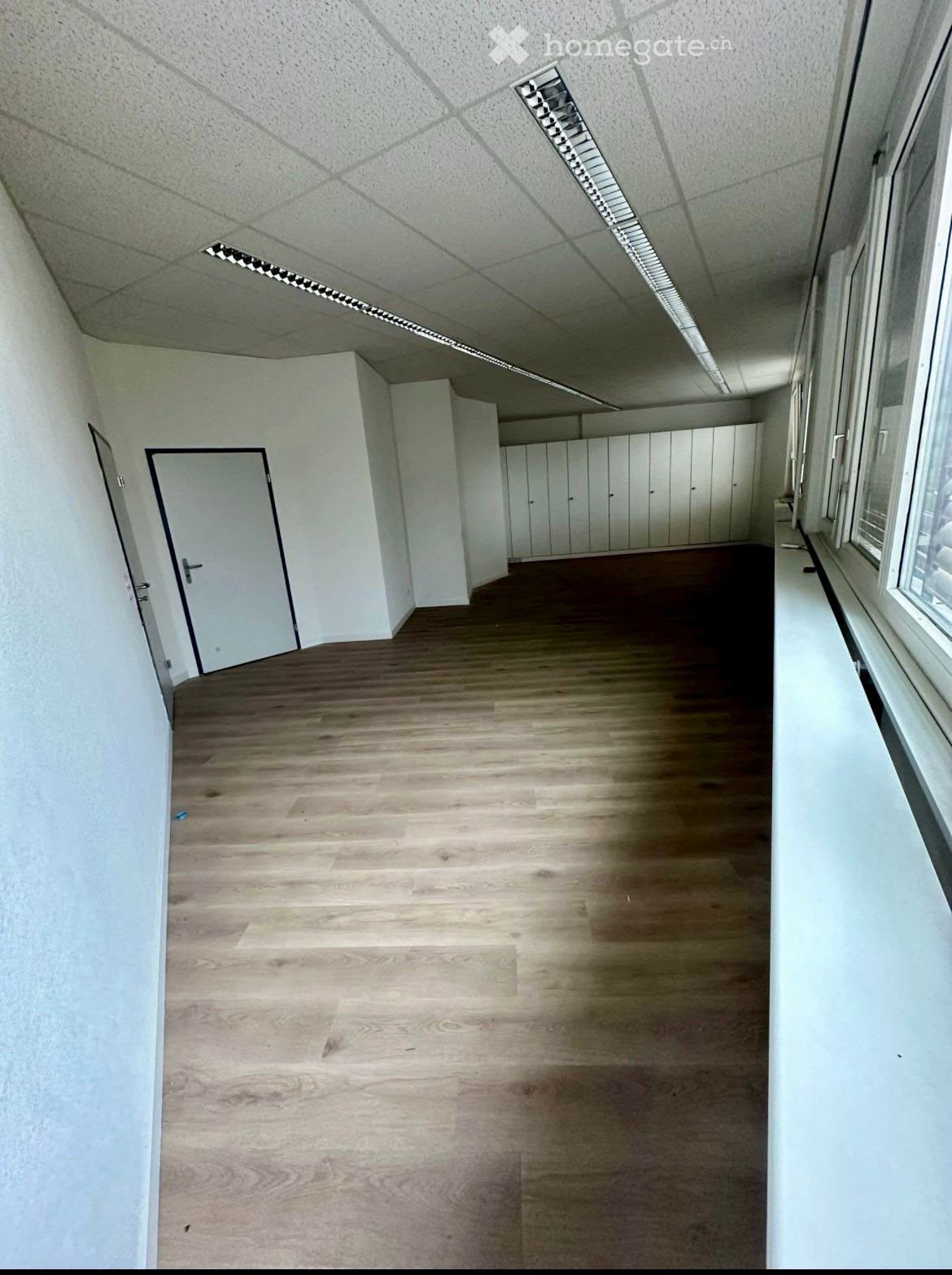 Empty room, white walls, wooden floors, large windows, hallway, office cubicles