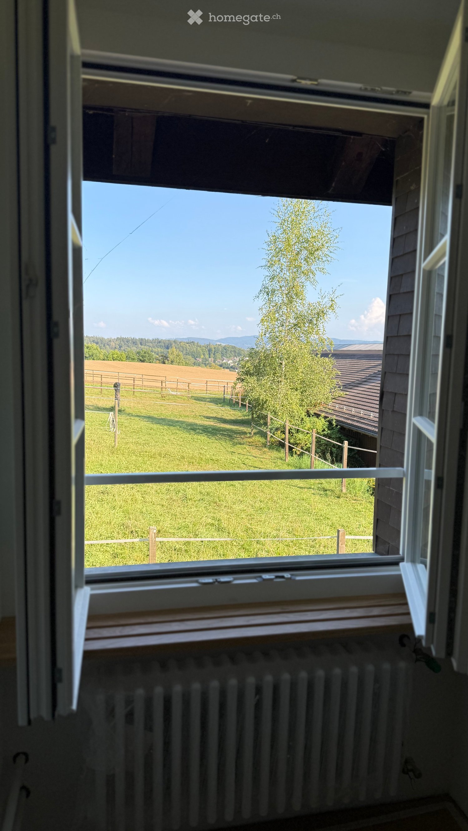 Open window showing a beautiful landscape with a tree and fields