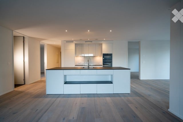modern kitchen, wooden floors, white cabinets, modern appliances