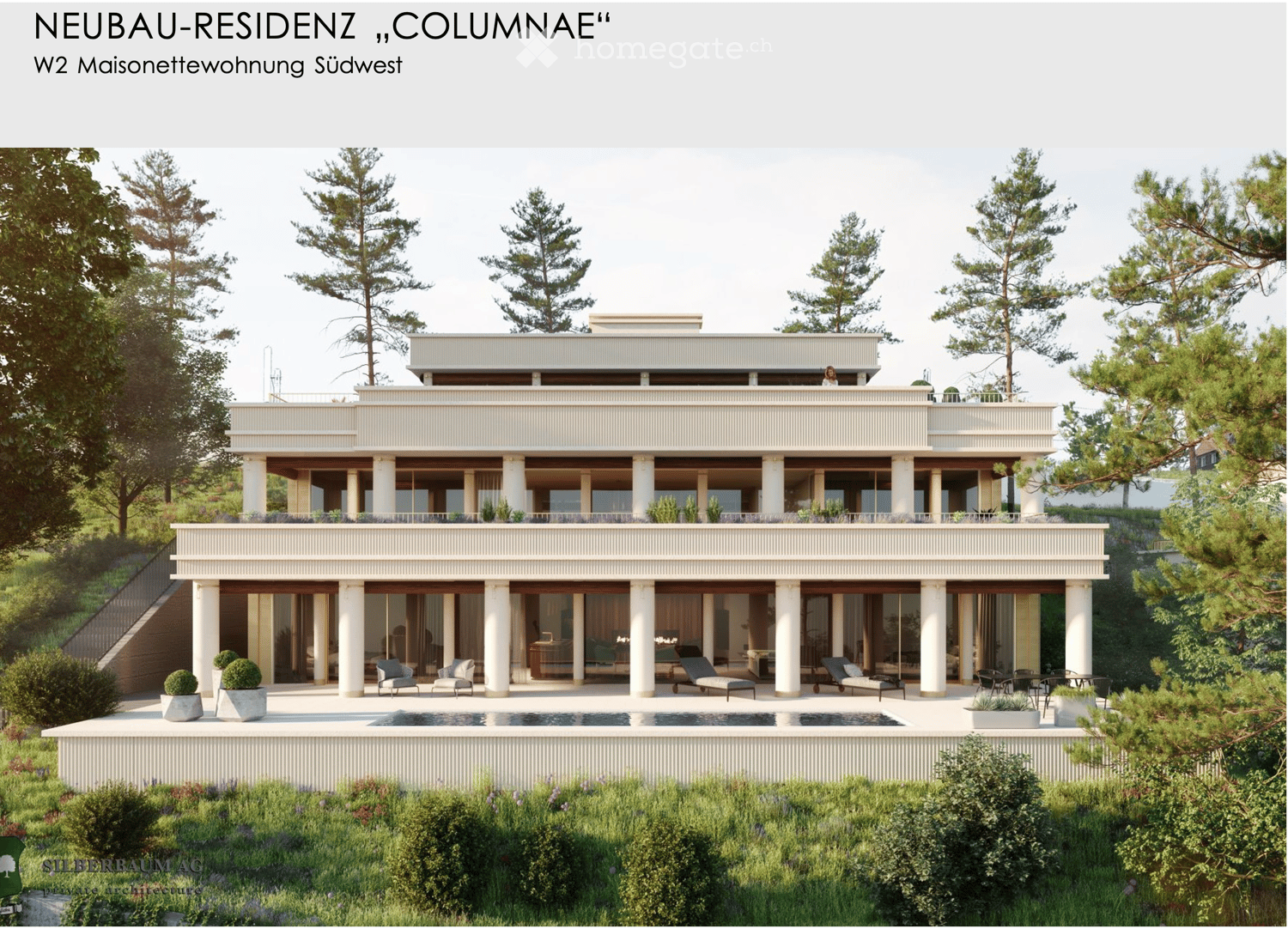 Villa, modern design, multiple windows, large glass doors, swimming pool, balcony, view of trees and hills