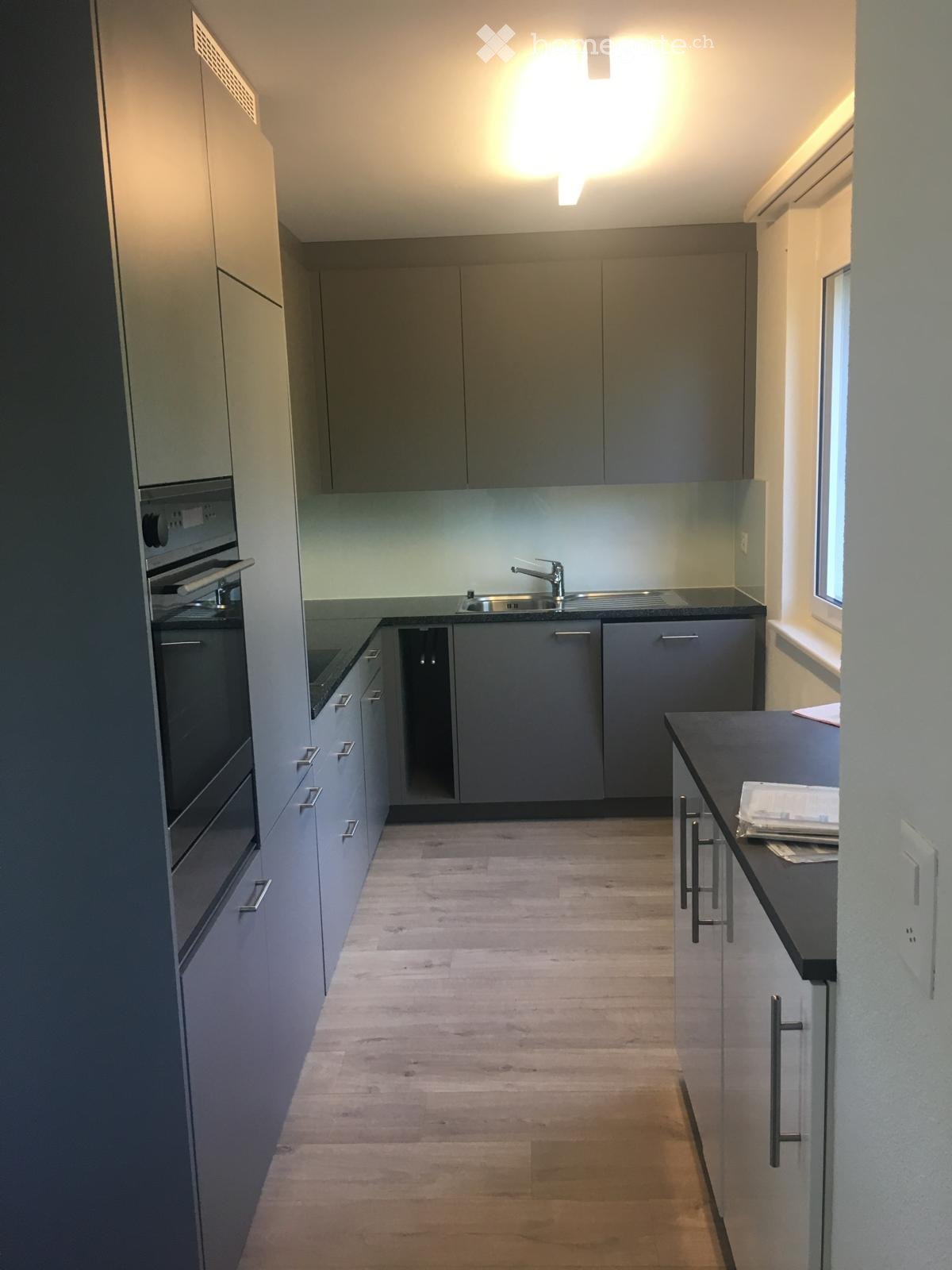Kitchen: Double oven, dishwasher, double sink, modern cabinets, natural lighting