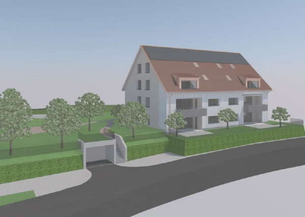 2 story house, white exterior, brown roof, windows, attached garage, grass, trees, driveway