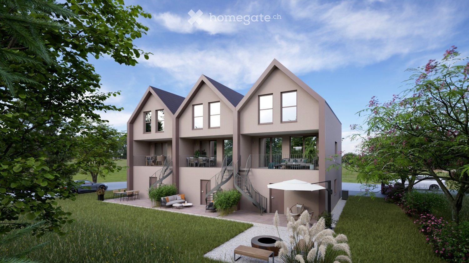 two story house, three houses combined, garden, balconies on both floors