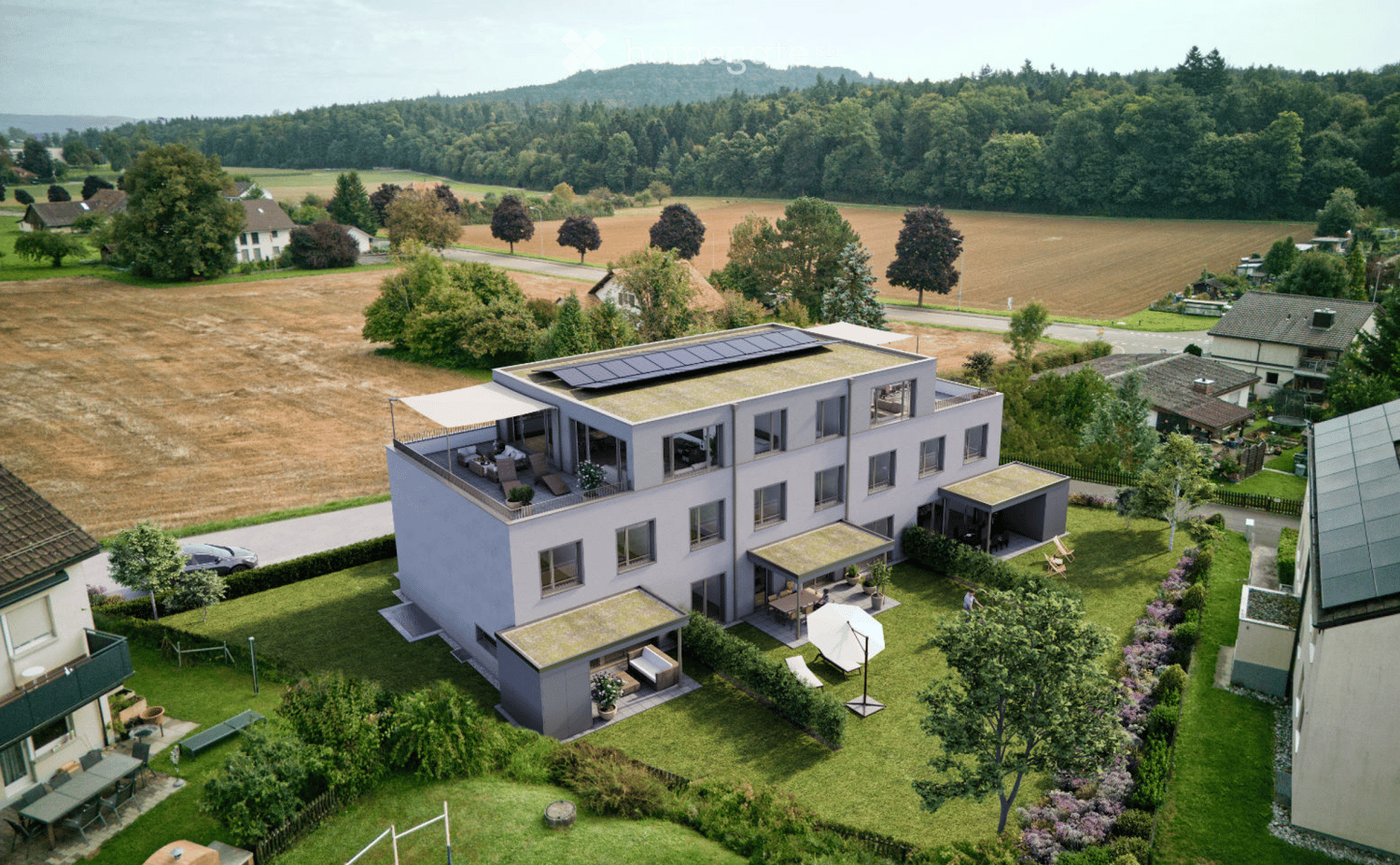 2 story house, multiple windows, solar panels, covered terrace, swimming pool