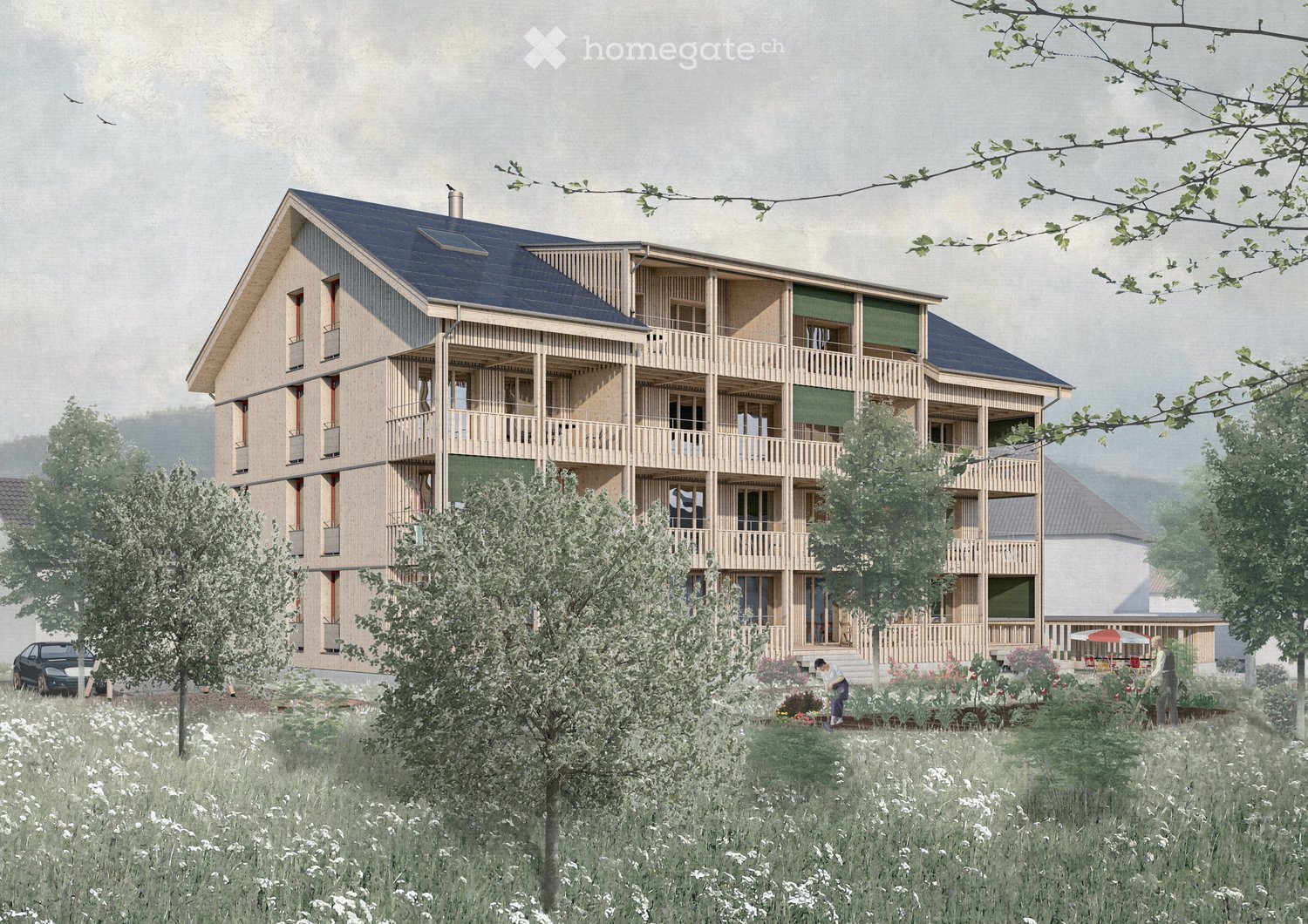 4 story building, balconies, solar panels on the roof, garden