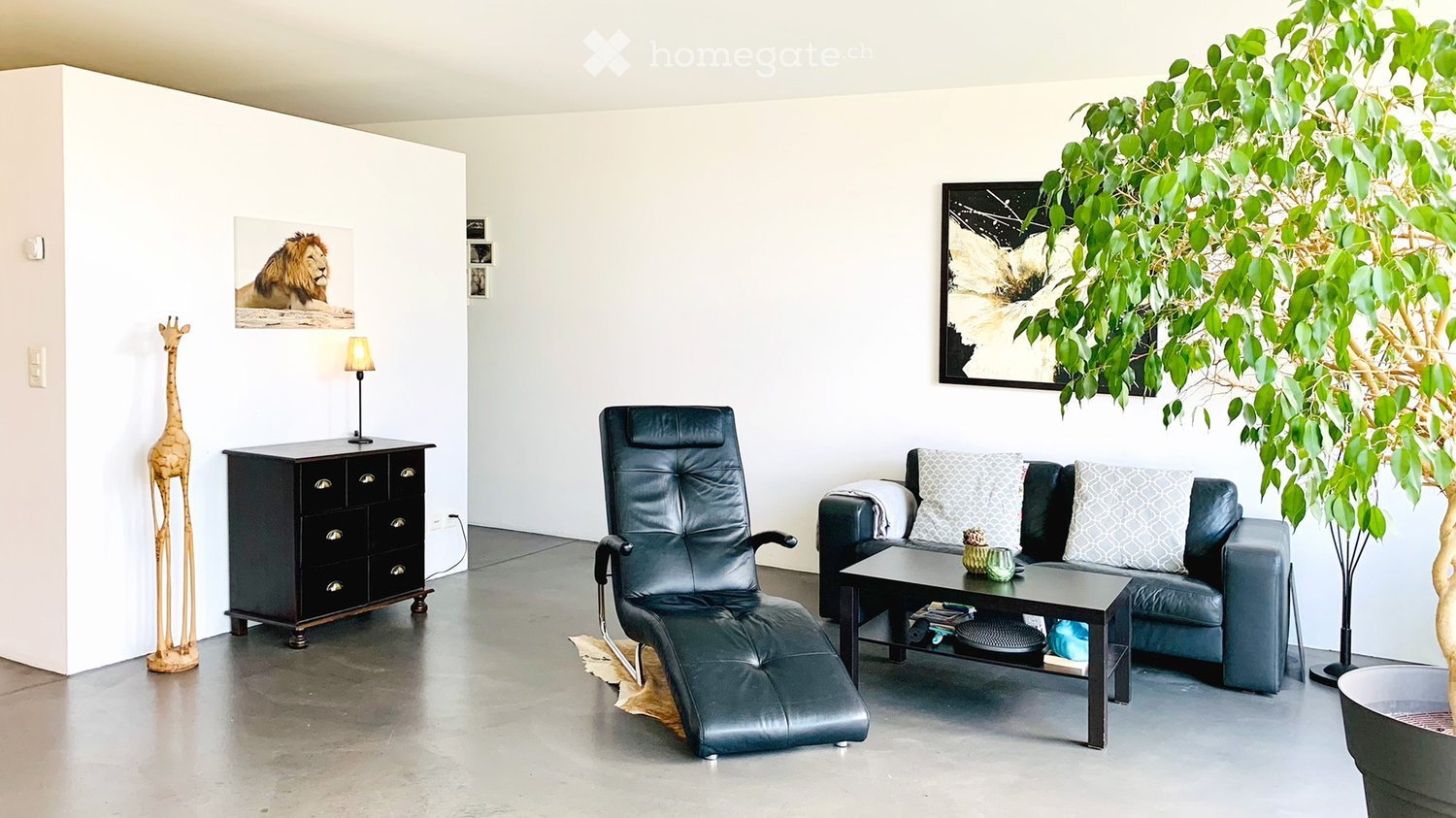 living room: grey concrete floor, white walls, black furniture, brown rug, lamp, couch, armchair, table, plant