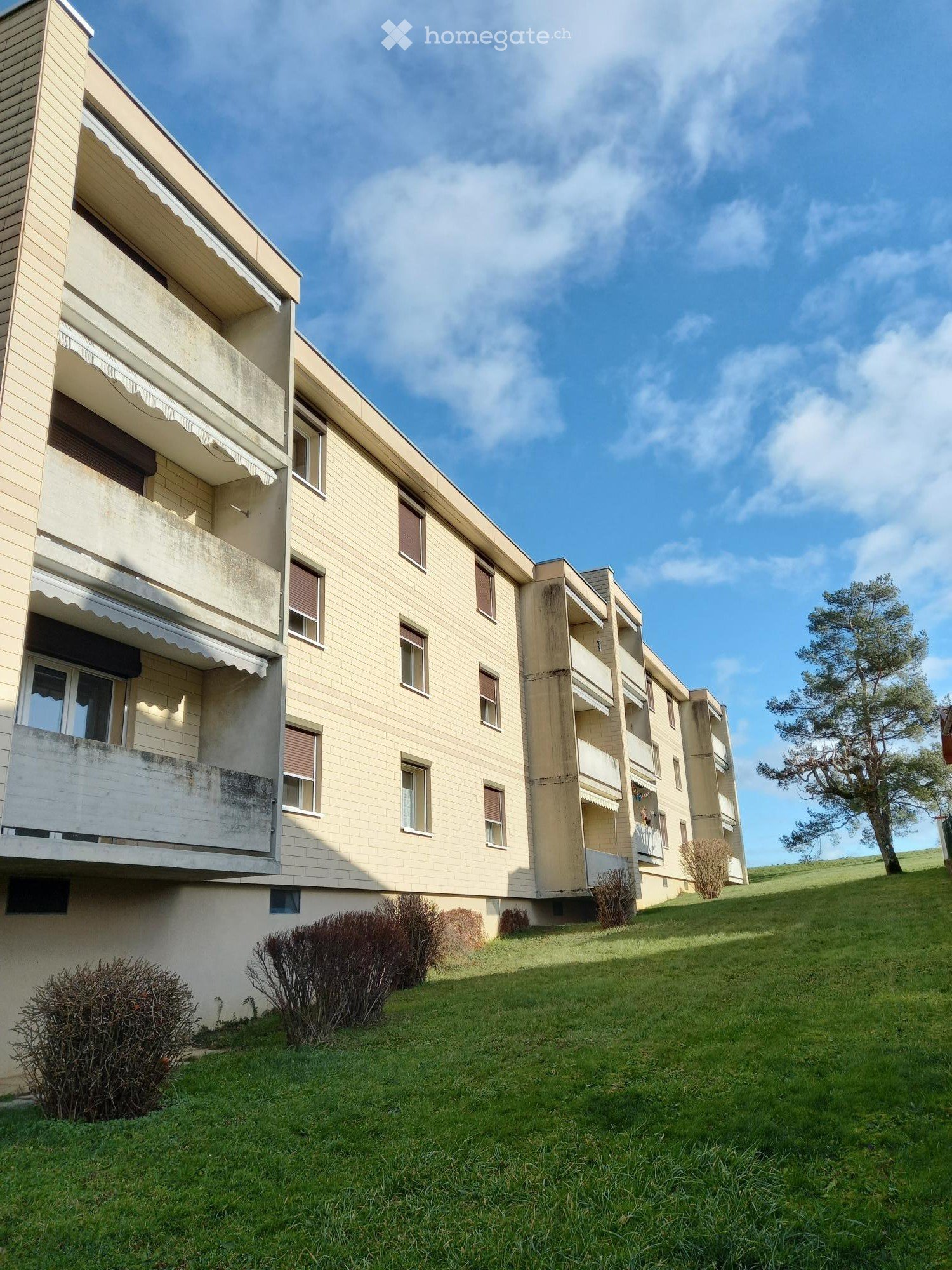3 story residential building, beige bricks, multiple balconies, green lawn, tree in the distance