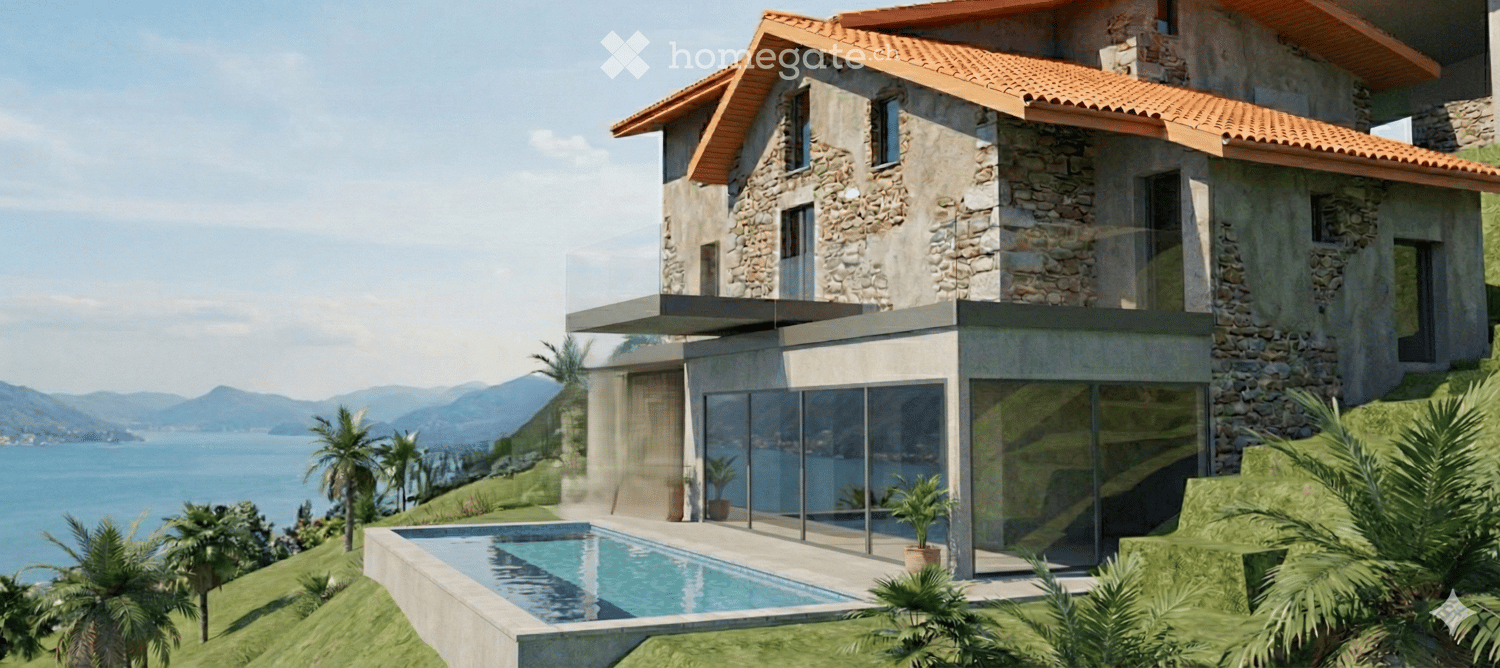 2 story stone wall house, red roof, swimming pool, large windows, garden, palm trees