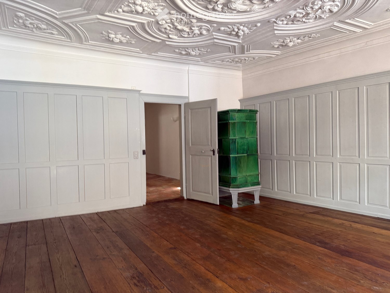 Ornate ceiling, wooden floors, paneled walls, green object, open door, room
