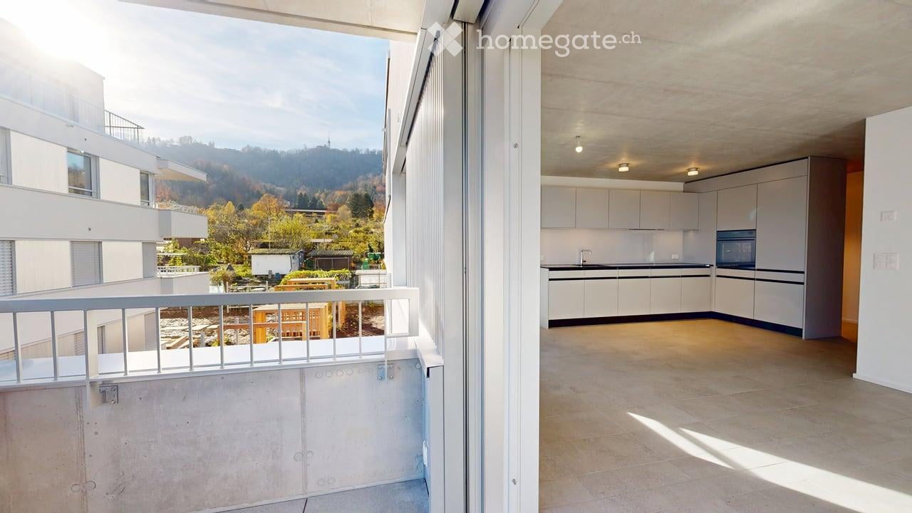 balcony, kitchen, open floor plan, modern design, large windows, tiled floor