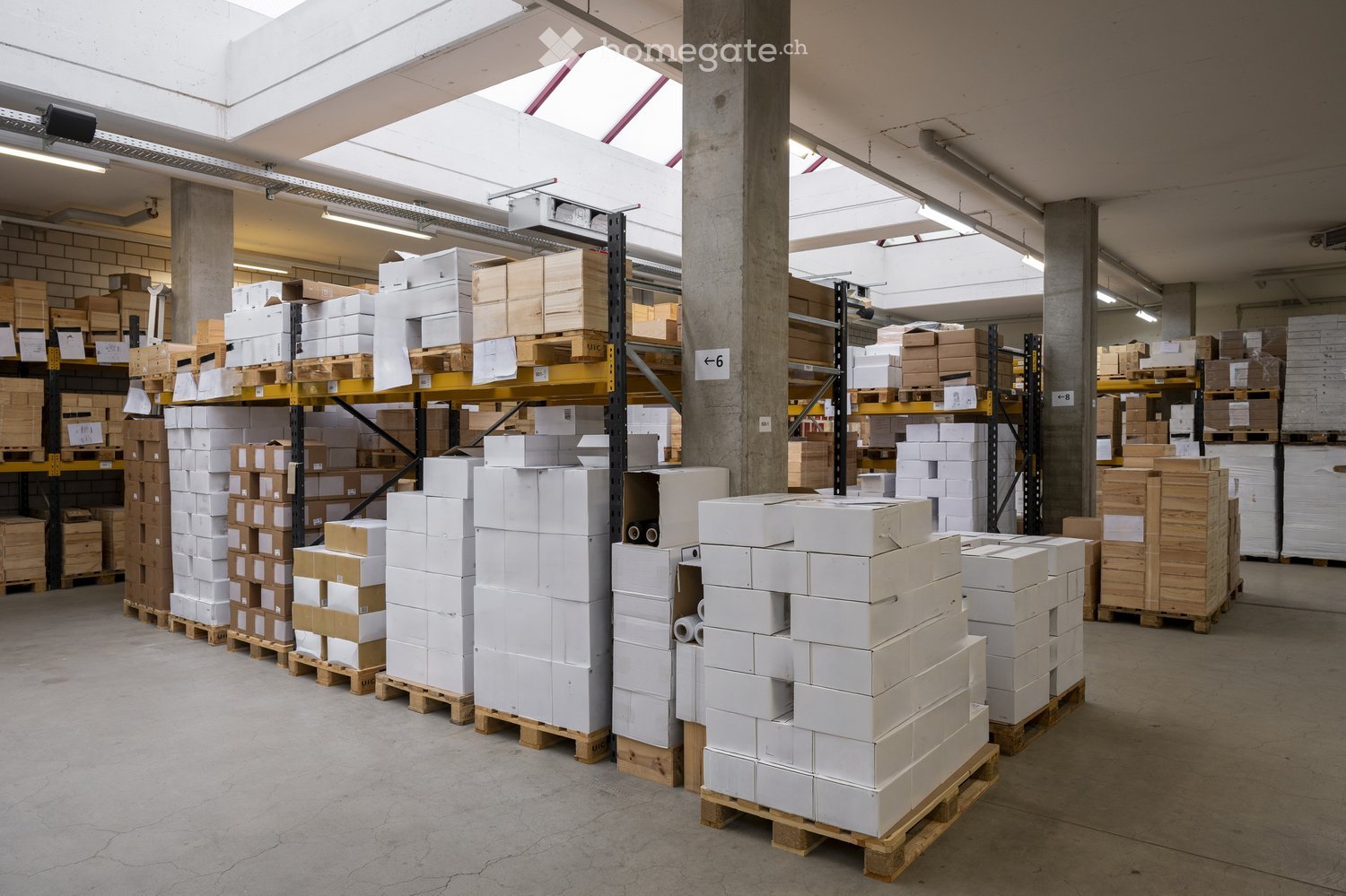 Large warehouse with many shelves, boxes, pallets, high ceilings, ample storage space, labeled shelves