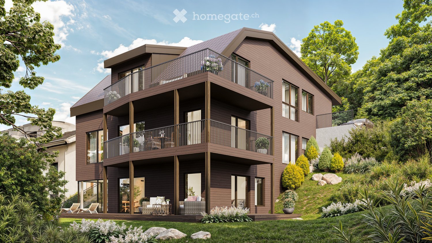 3 story house, brown exterior, multiple balconies, 2 levels elevated