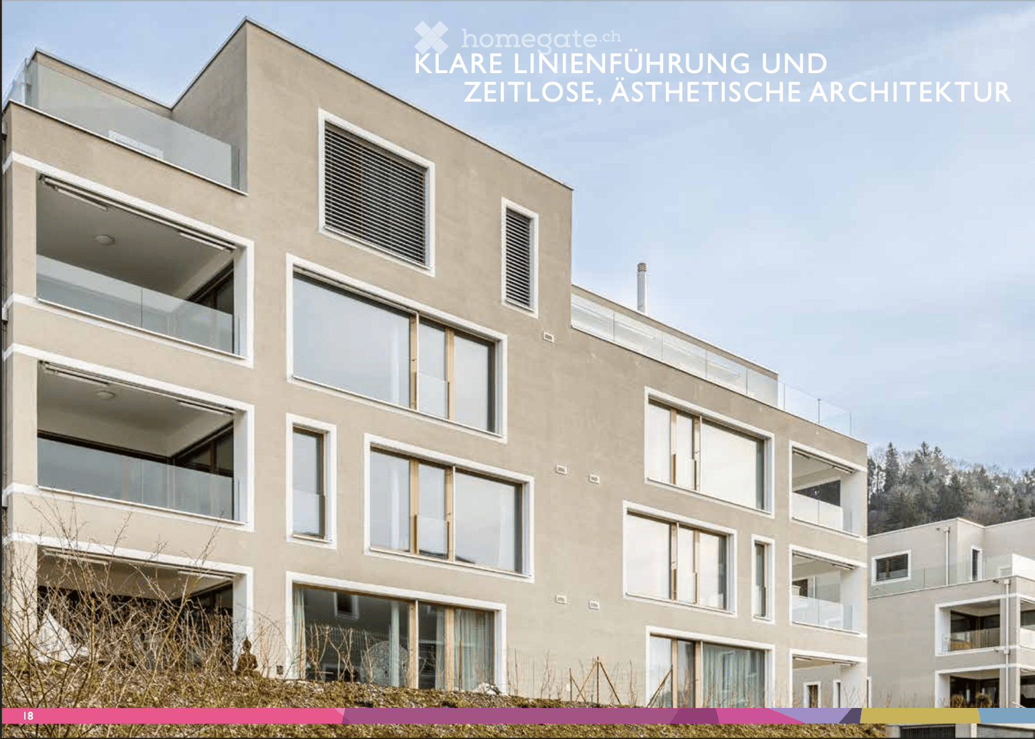 modern apartment building with balconies, 3 floors, spacious windows, minimalistic design