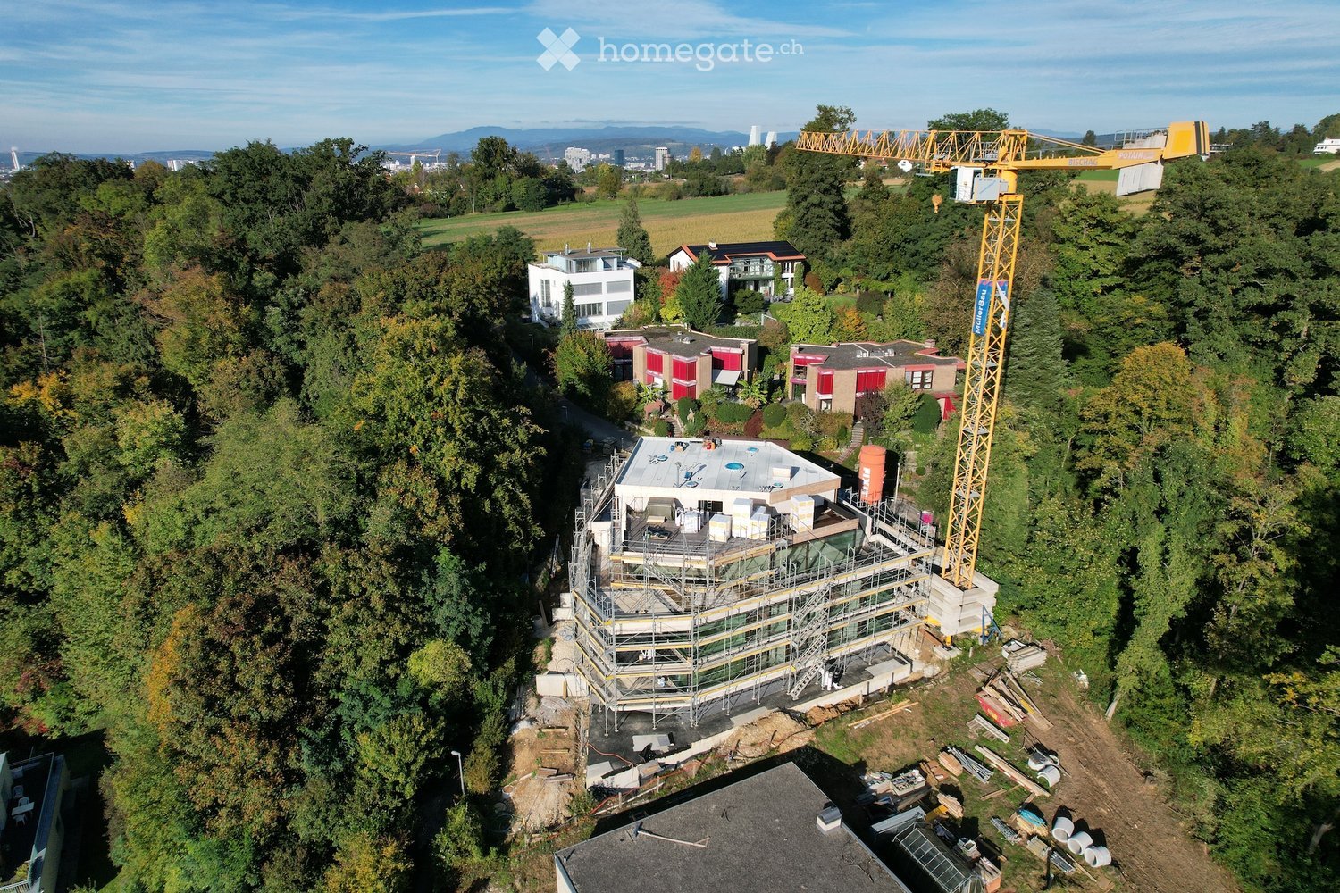 multiple houses, in different stages of construction, crane, surrounded by trees