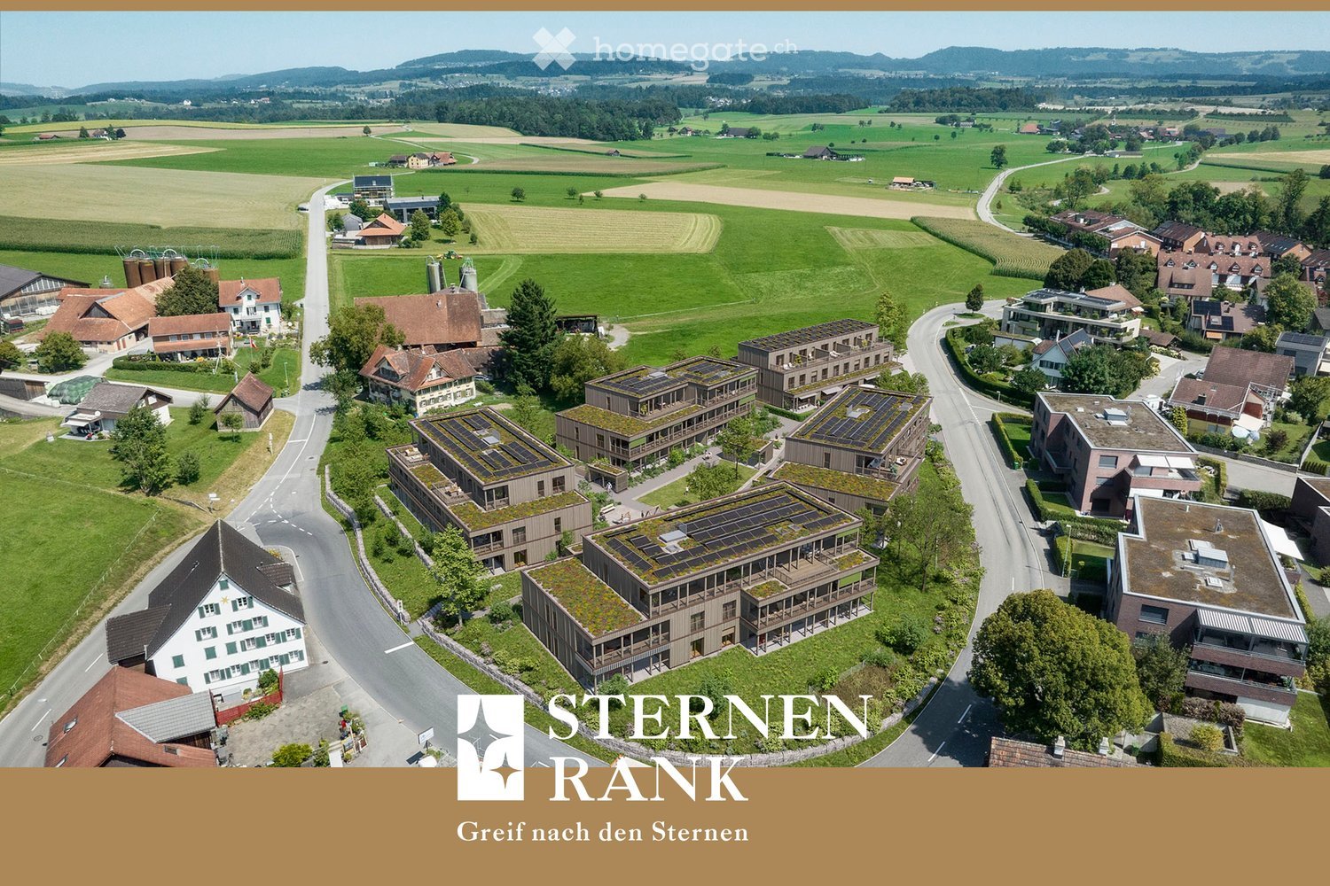 modern houses with solar panels on the roofs, surrounded by trees and grass