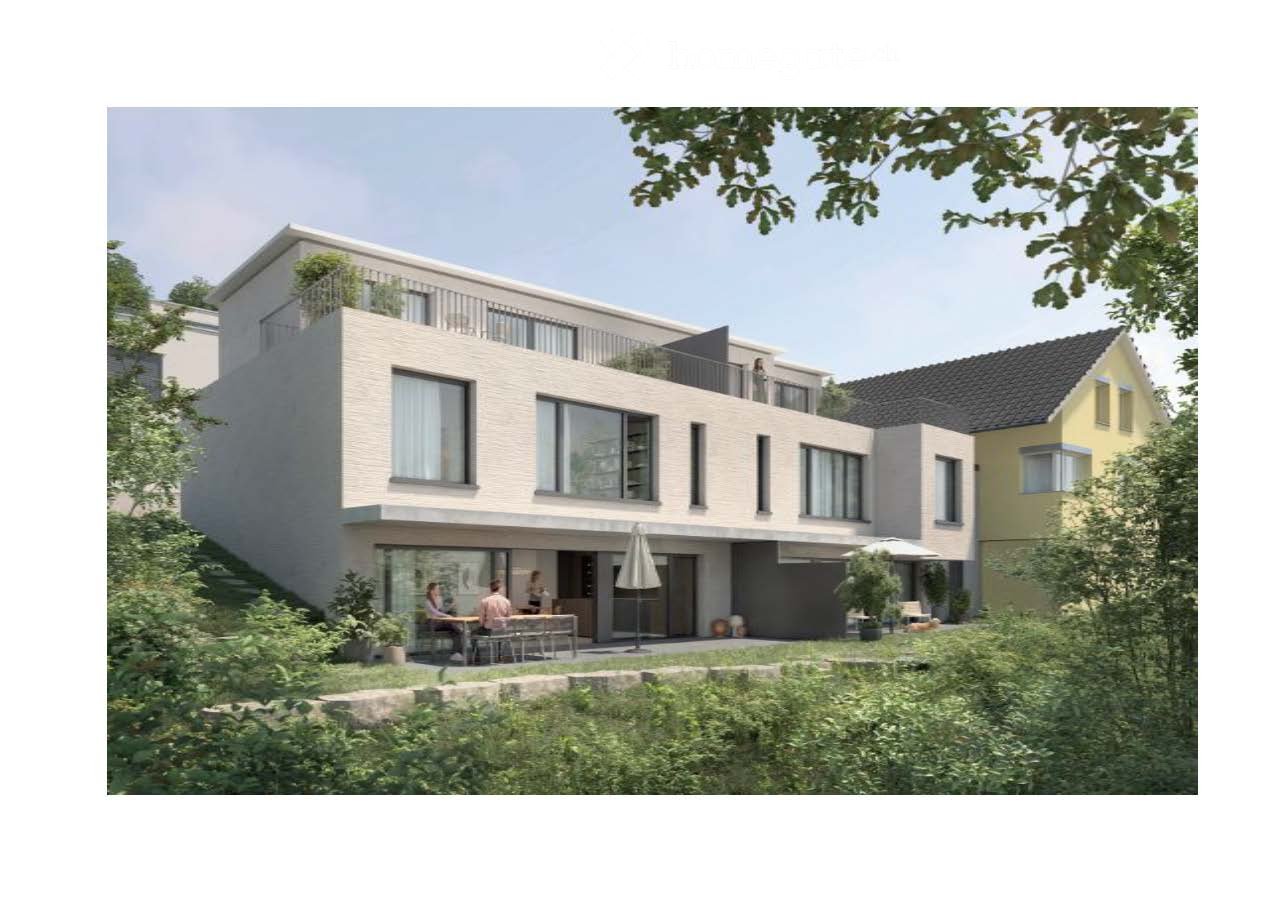 White house with a terrace and two floors.