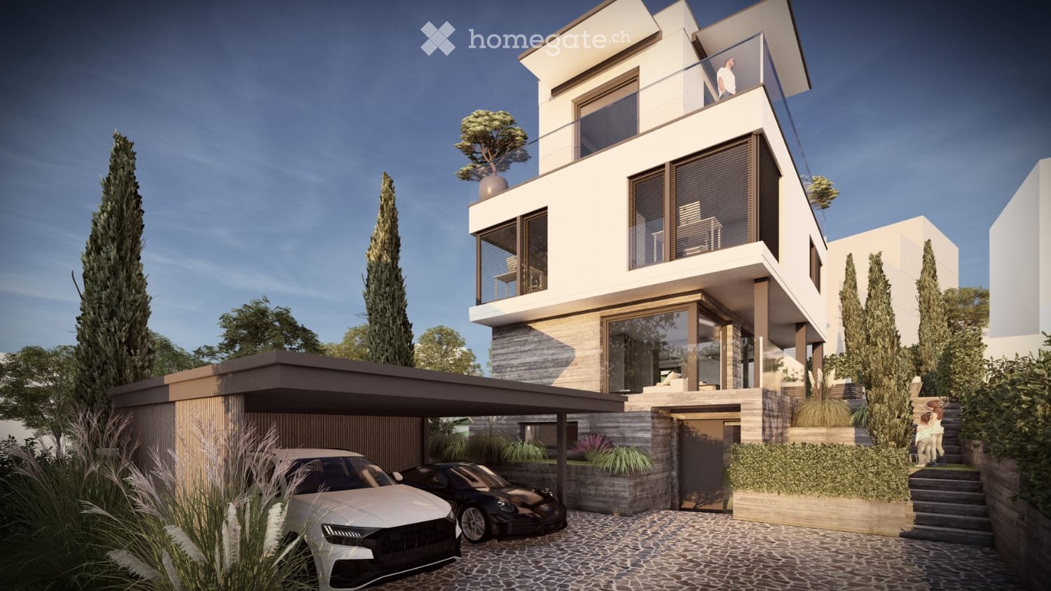 Modern two-story house, covered garage, car parked in garage, balcony, small garden