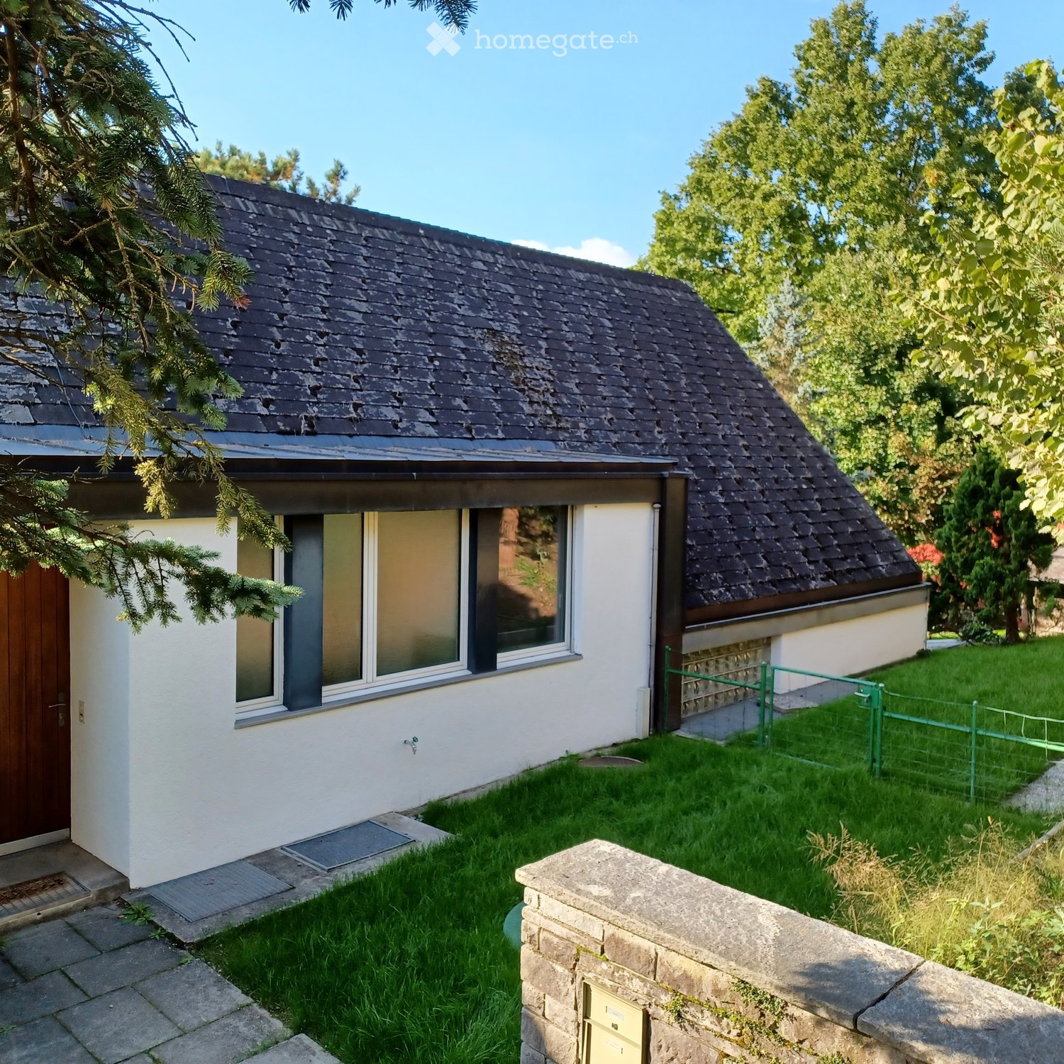 House with a flat roof, white walls, a wooden door, glass windows, paved walkway, and green grassy yard with a green fence.