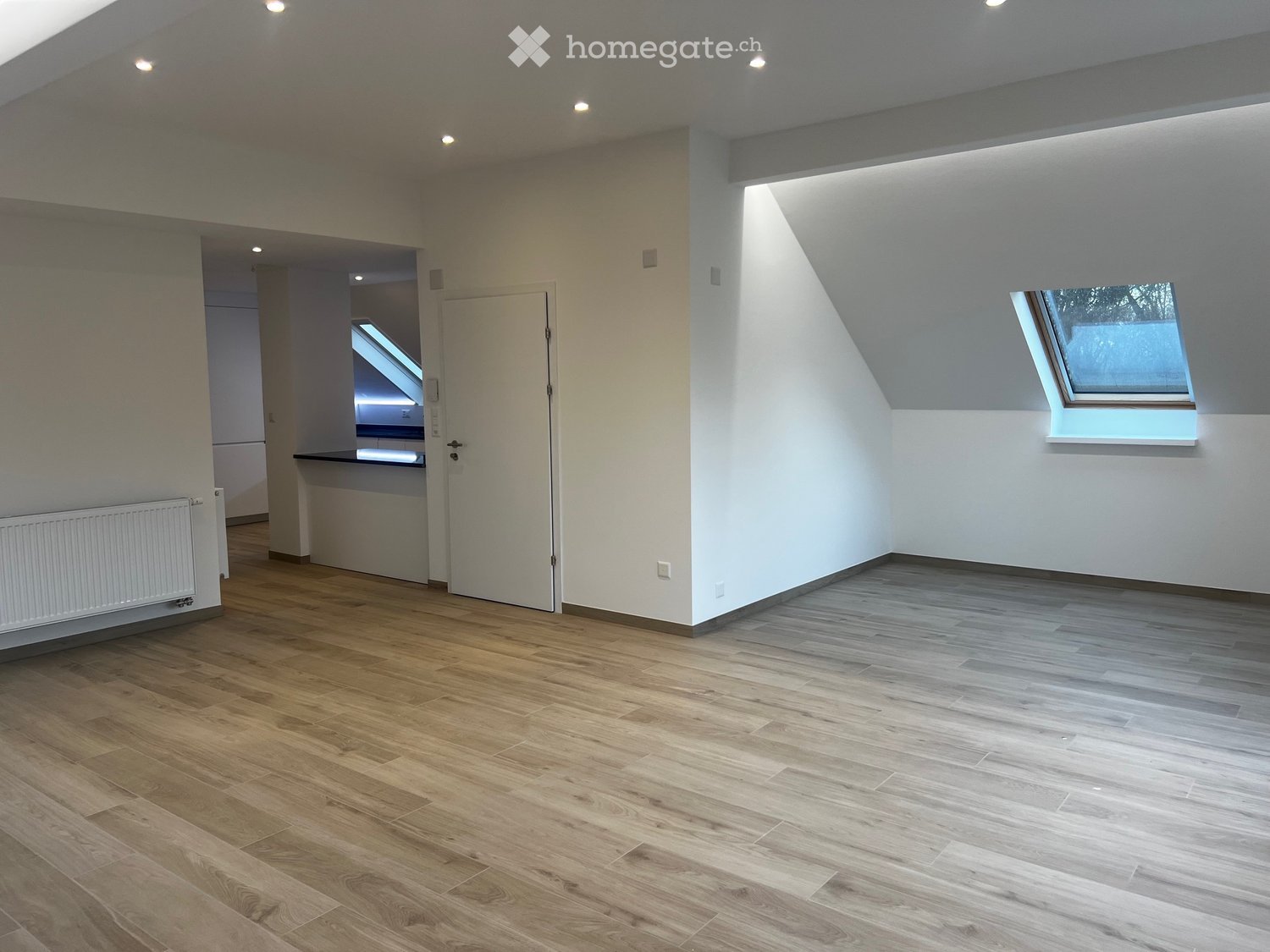 Empty room, wooden floor, white walls, window, door, built-in radiator