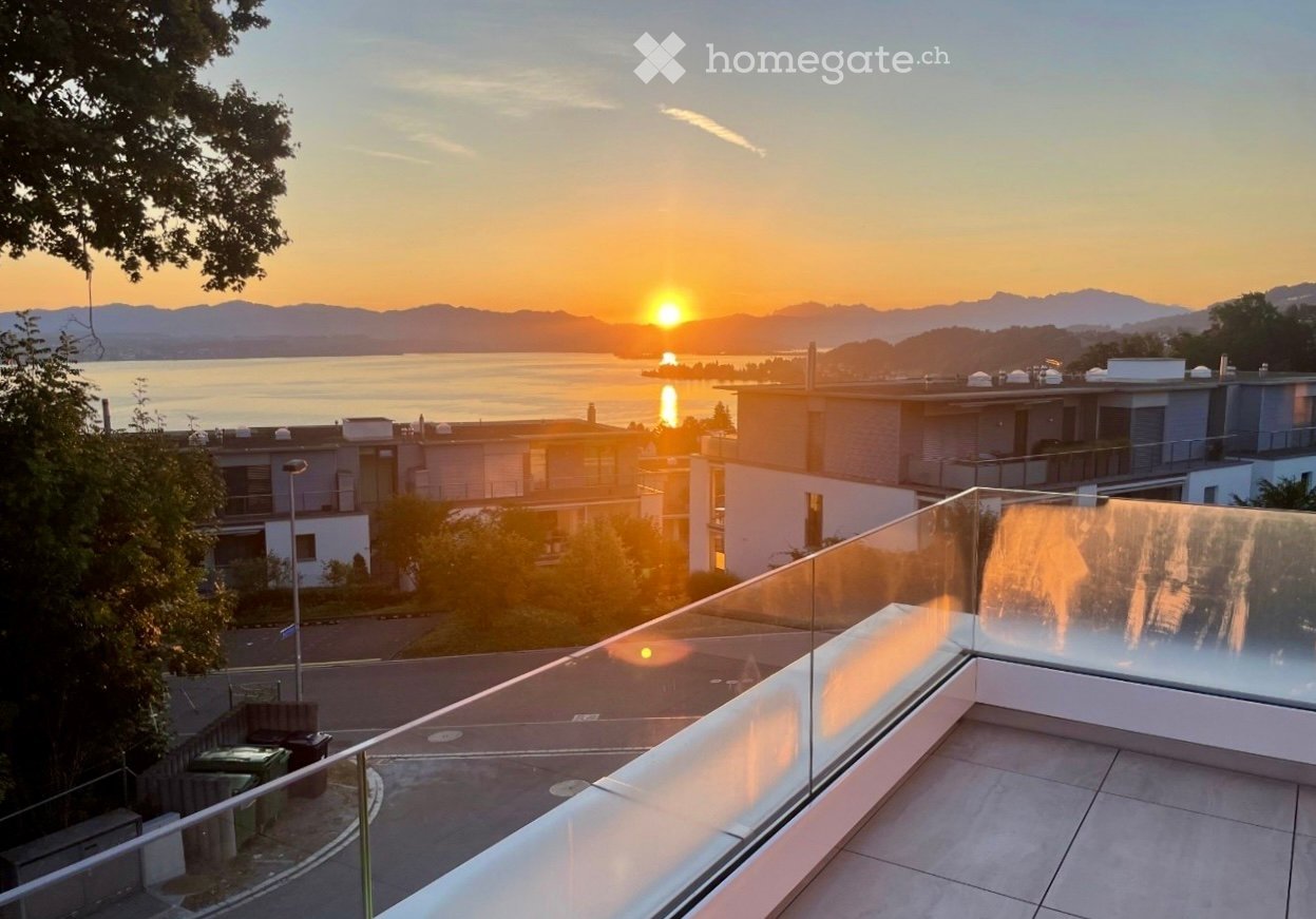 glass fence, terrace, mountains, lake, city view