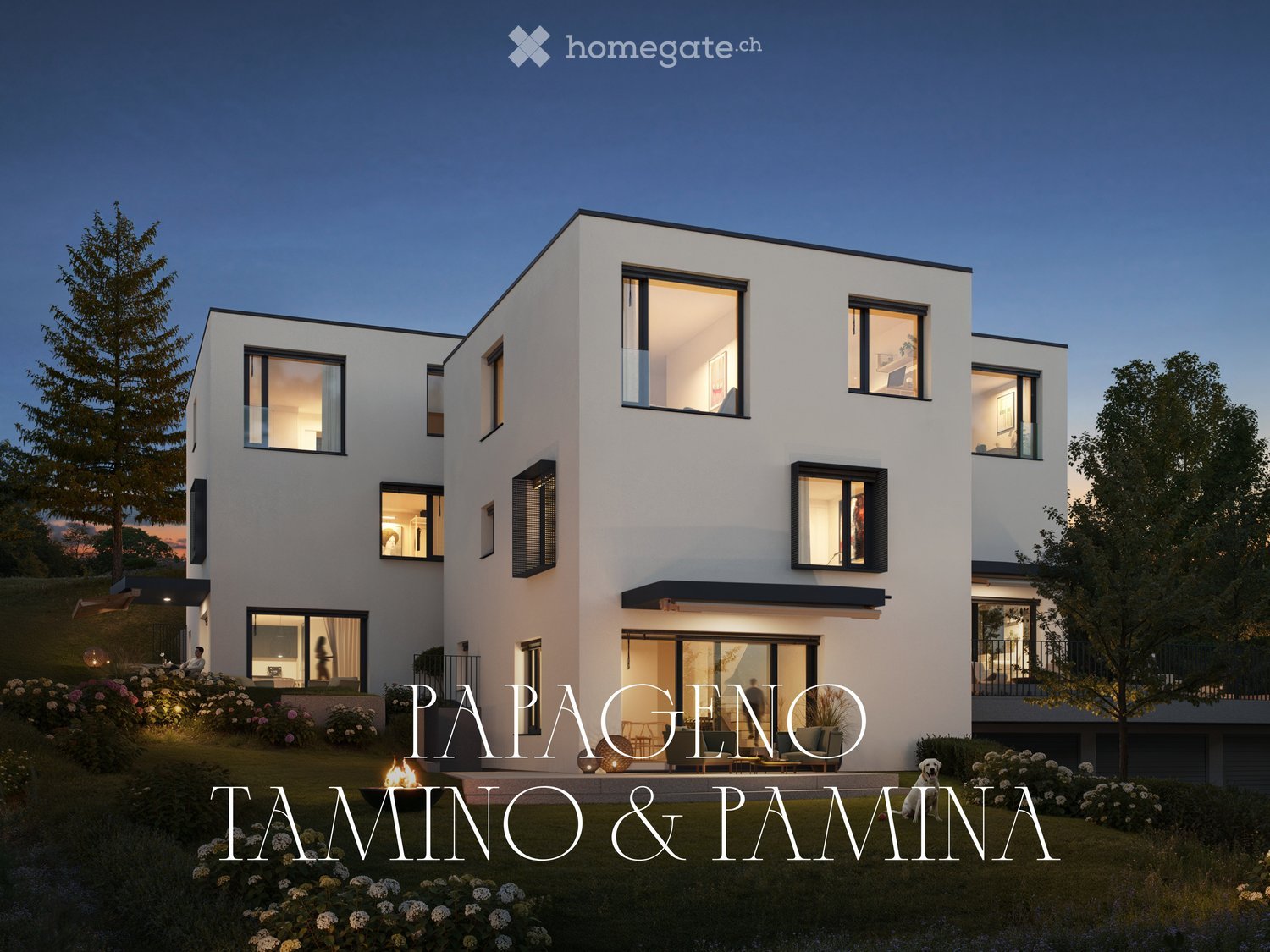 2 story white house, modern architecture, multiple glass windows, plants and trees in front, balconies on each floor, garden in front