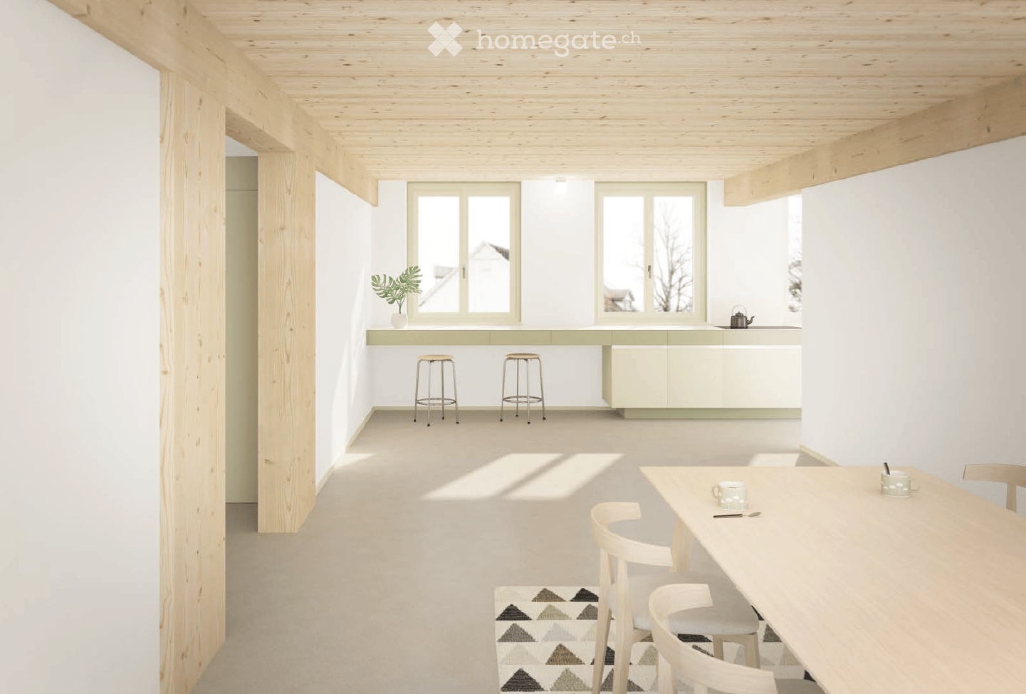 dining area, wooden floors, white walls, wooden ceiling, modern furniture, two stools, dining table, kitchen with windows, potted plant