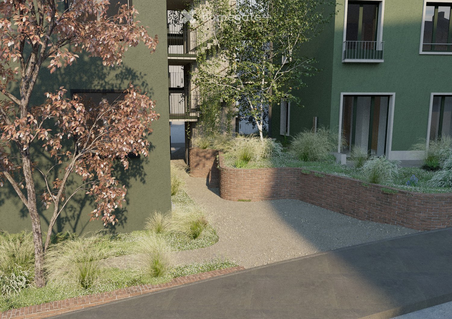 Green walls, brick walkways, landscaped area, trees