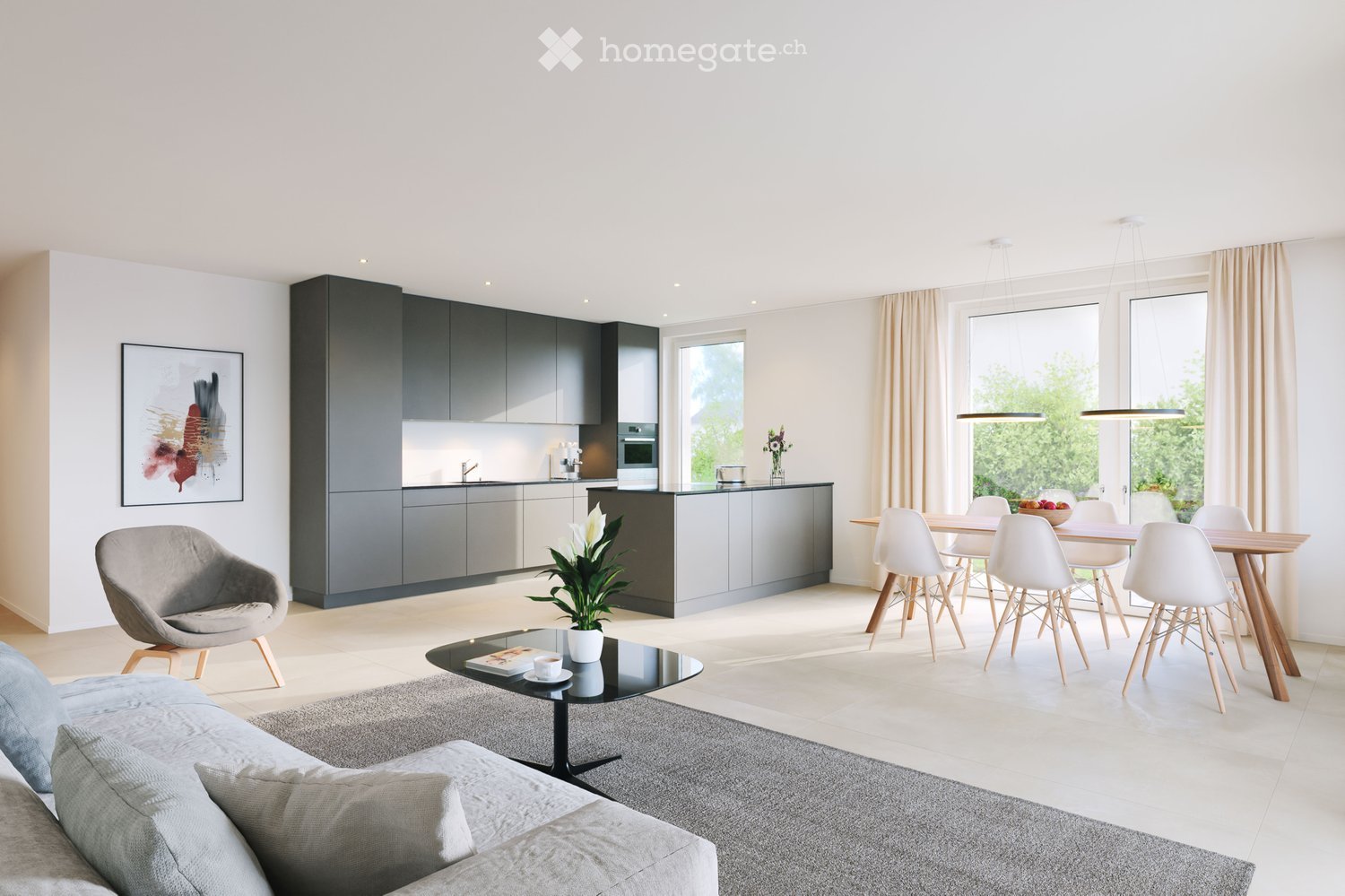 open floor plan with kitchen, living room, dining area and windows