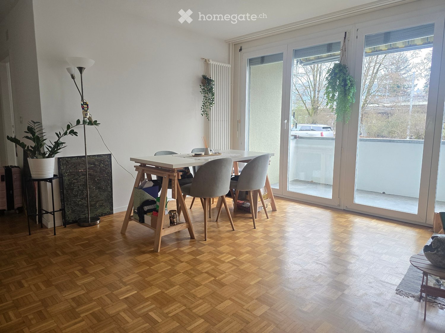 Wooden floor, large sliding doors, balcony, dining table, chairs, floor lamp, plants, radiator